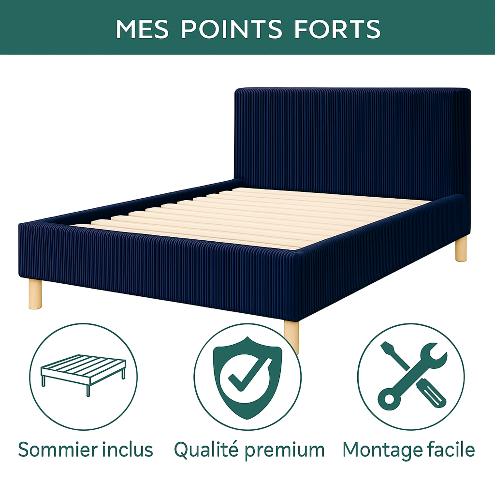 Lit Prince en velours côtelé : sommier et tête de lit