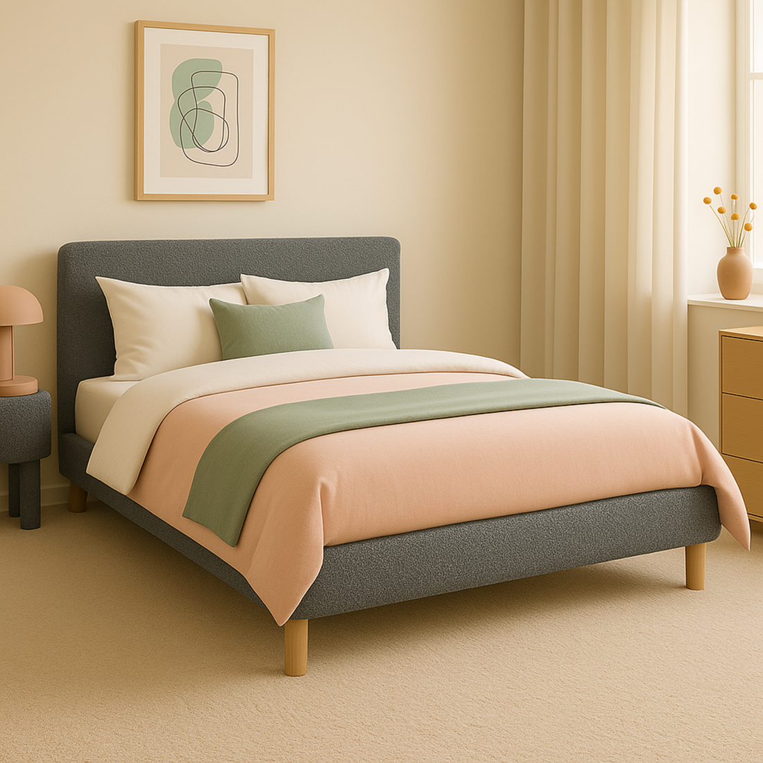 Lit bouclette, tête de lit, sommier à lattes bois - Collection Prince