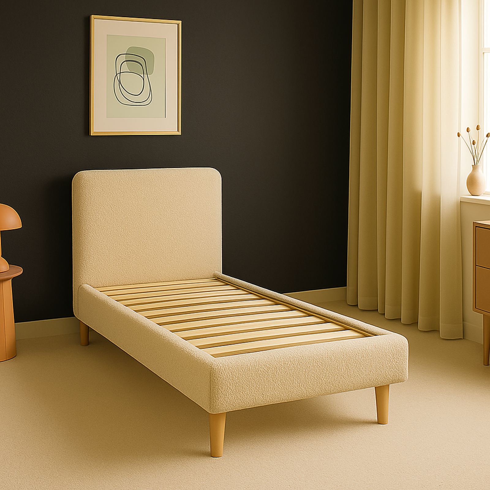 Bouclé bed, headboard, wooden slatted base - Prince Collection