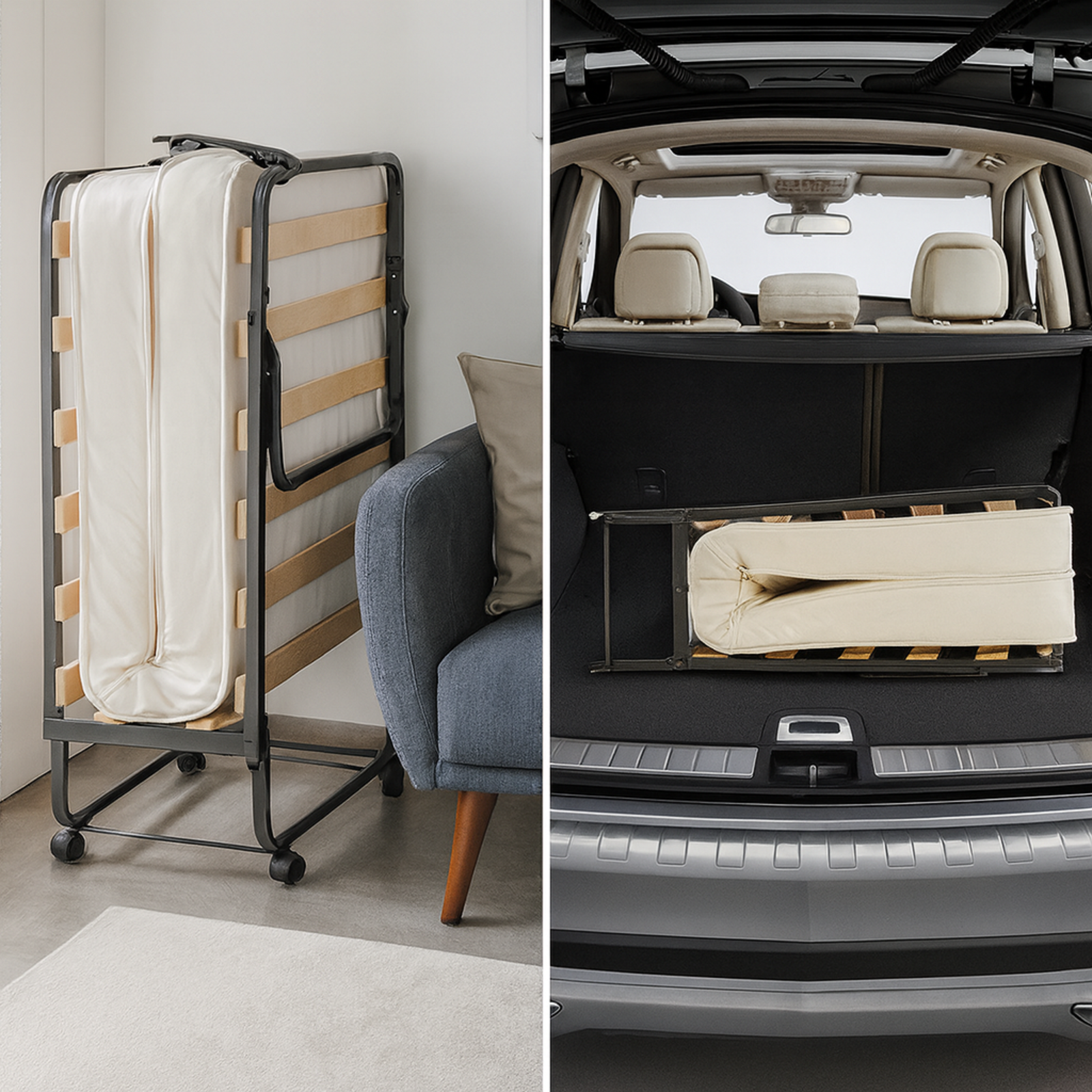 Lit pliant à roulettes avec matelas : lit d’appoint avec sommier à lattes flexibles - Collection Pliable