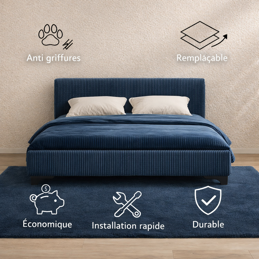 Tête de lit avec housse velours côtelé bleu