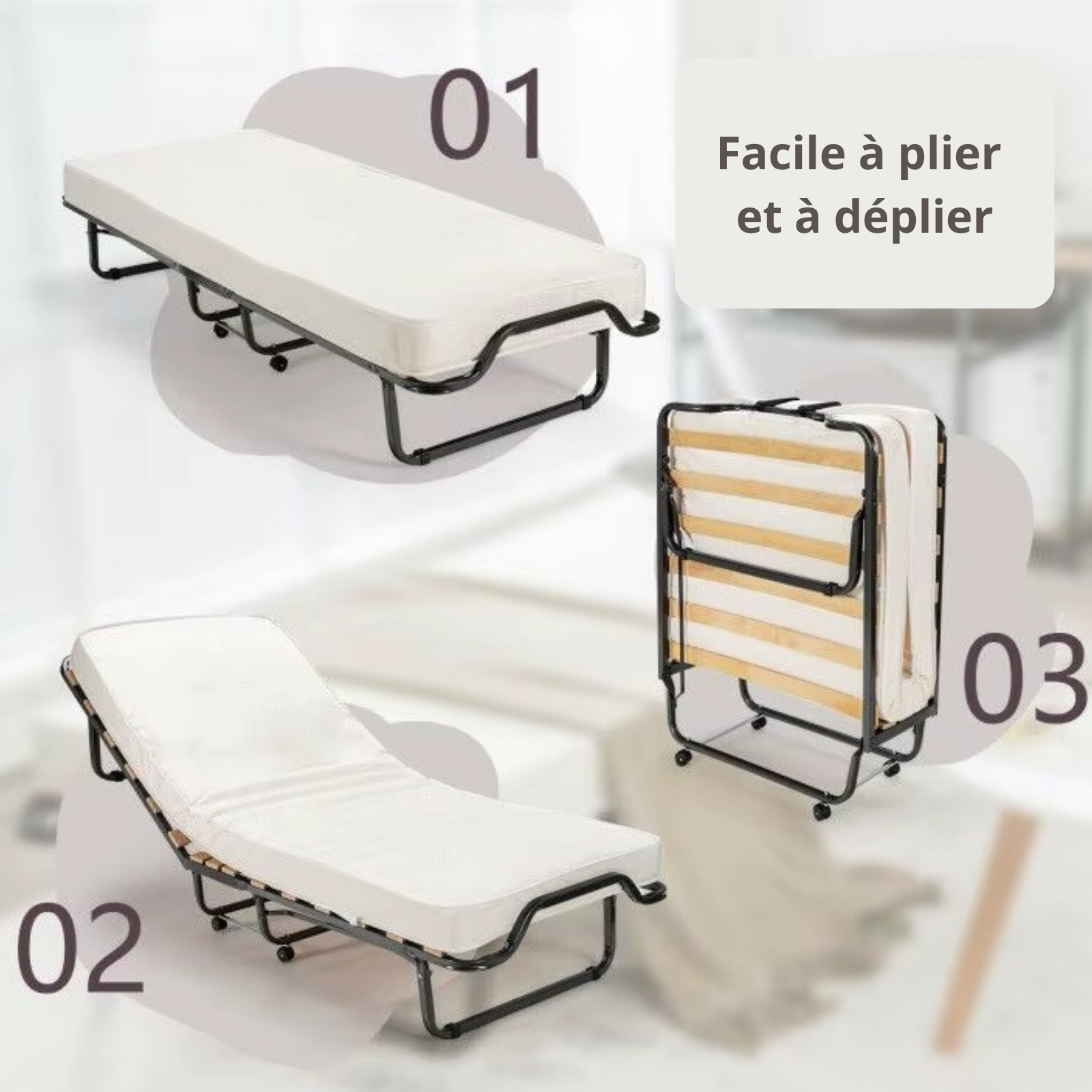 Lit pliant à roulettes avec matelas : lit d’appoint avec sommier à lattes flexibles - Collection Pliable