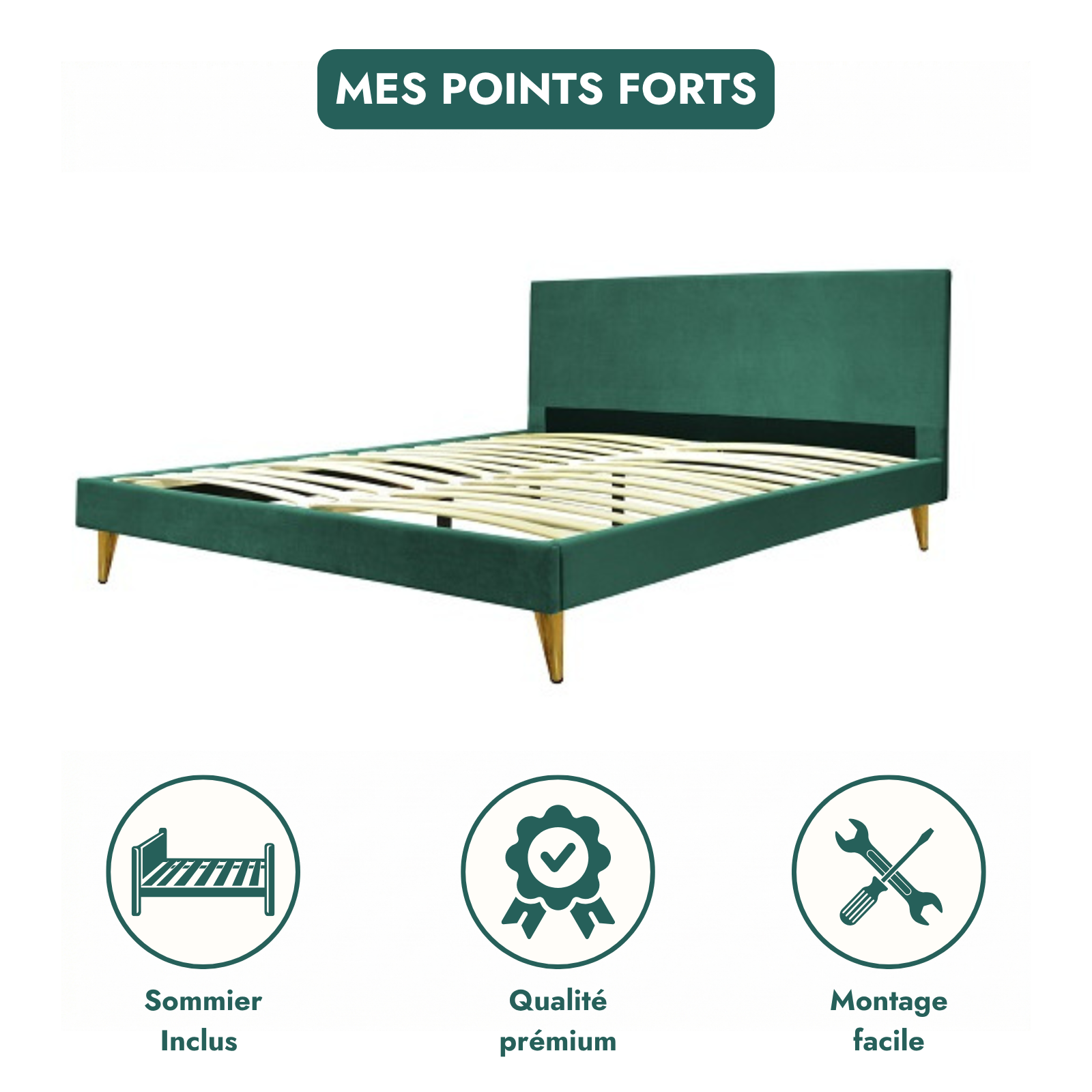 Lit velours doux avec lattes flexibles et tête de lit - Collection Menthe