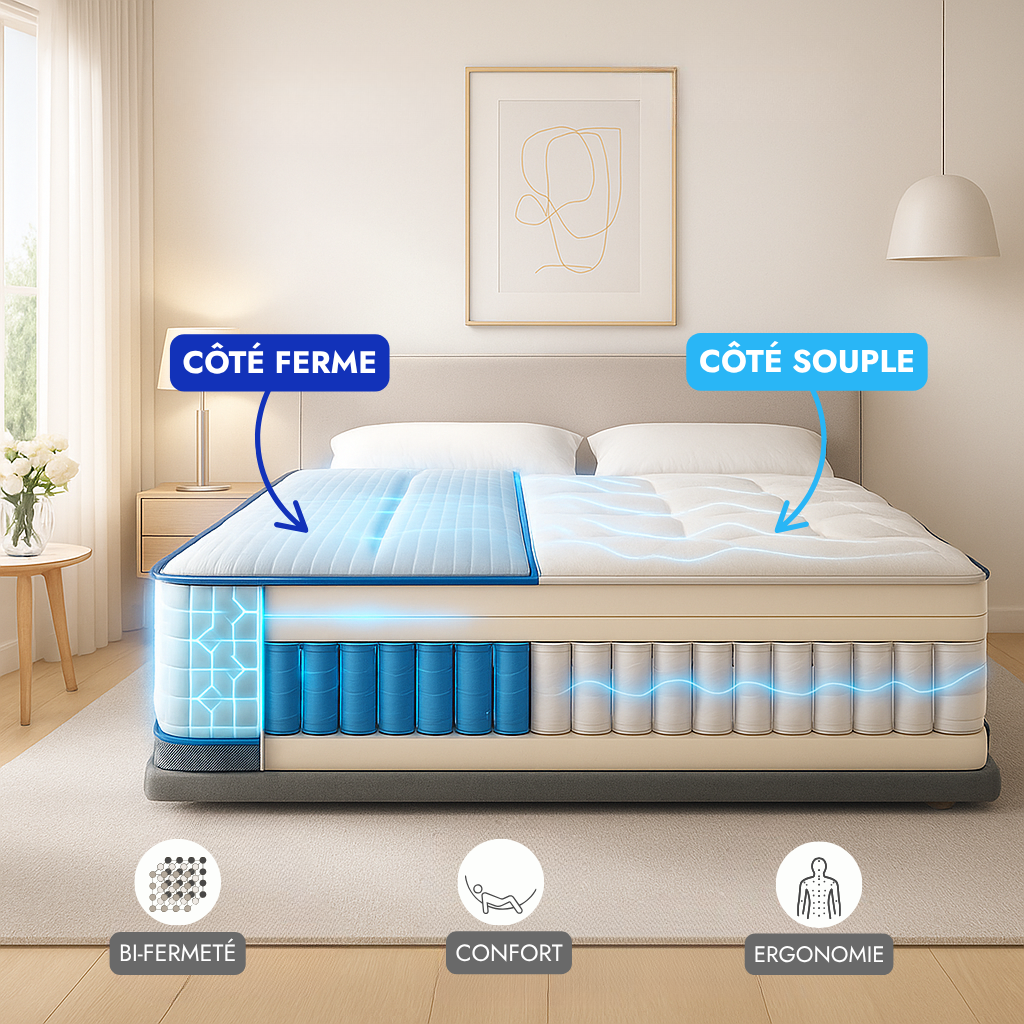 Matelas 2 conforts : Un côté ferme, un côté souple avec mémoire de forme