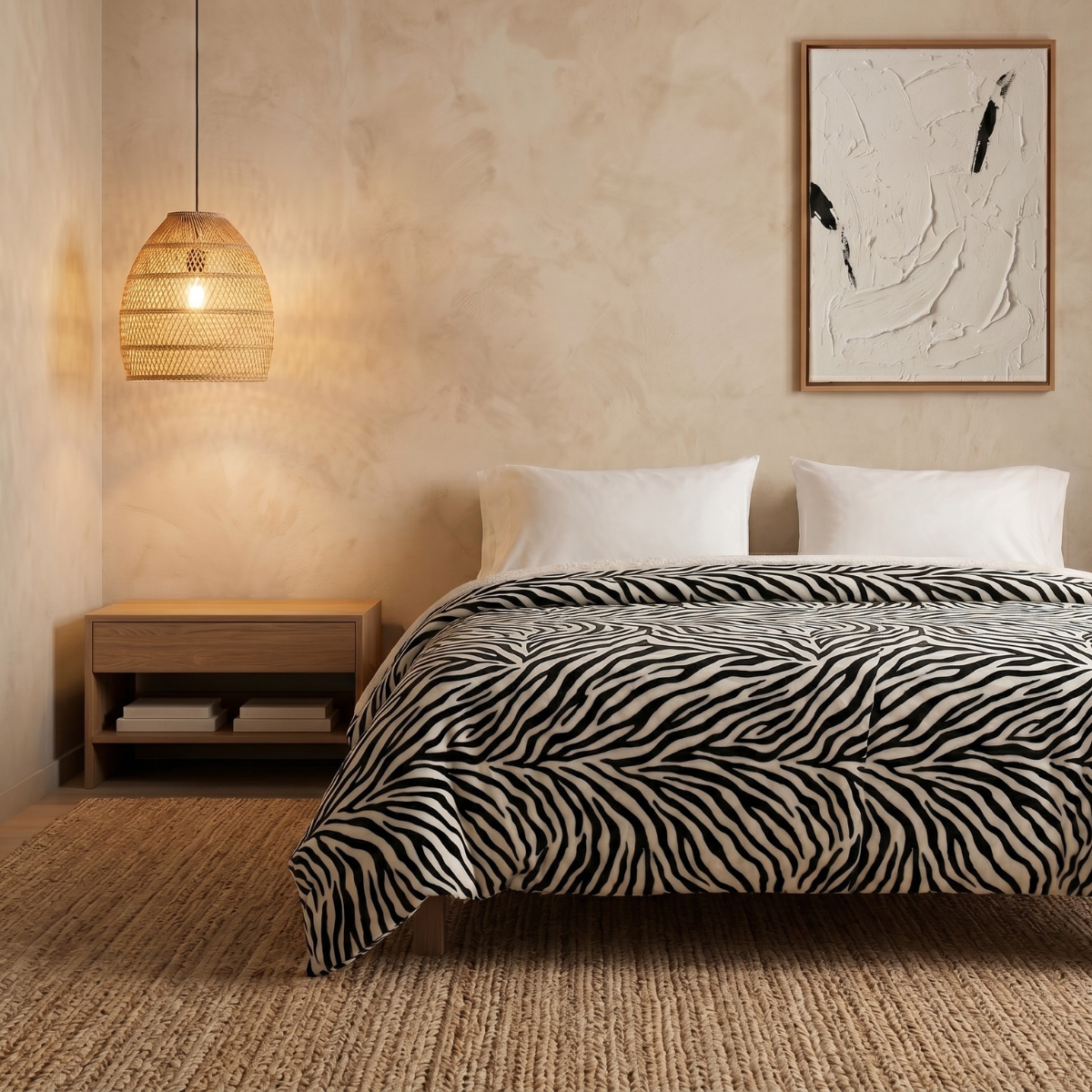 Couette réversible tempérée, blanche et noire - Collection Safari