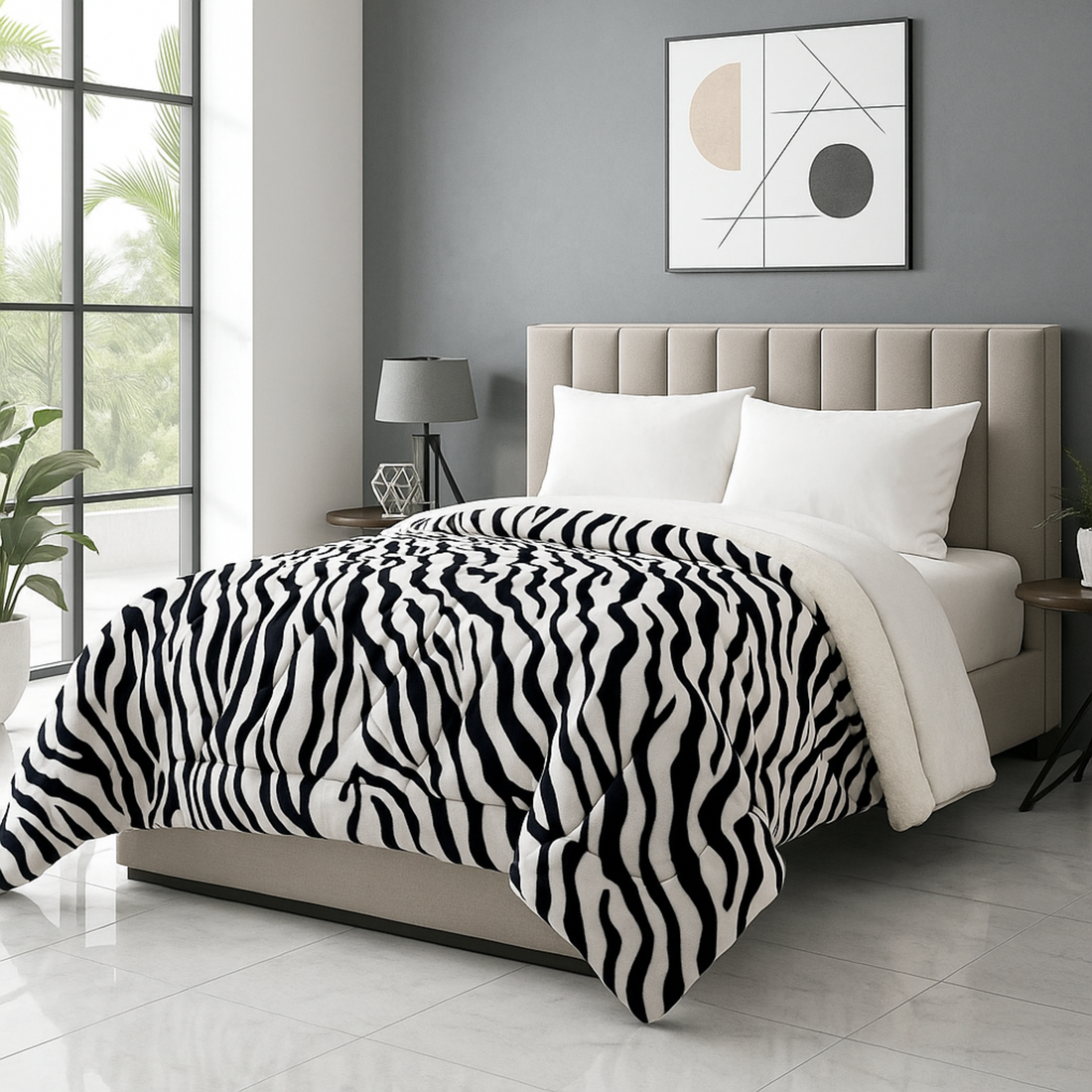 Couette réversible tempérée, blanche et noire - Collection Safari