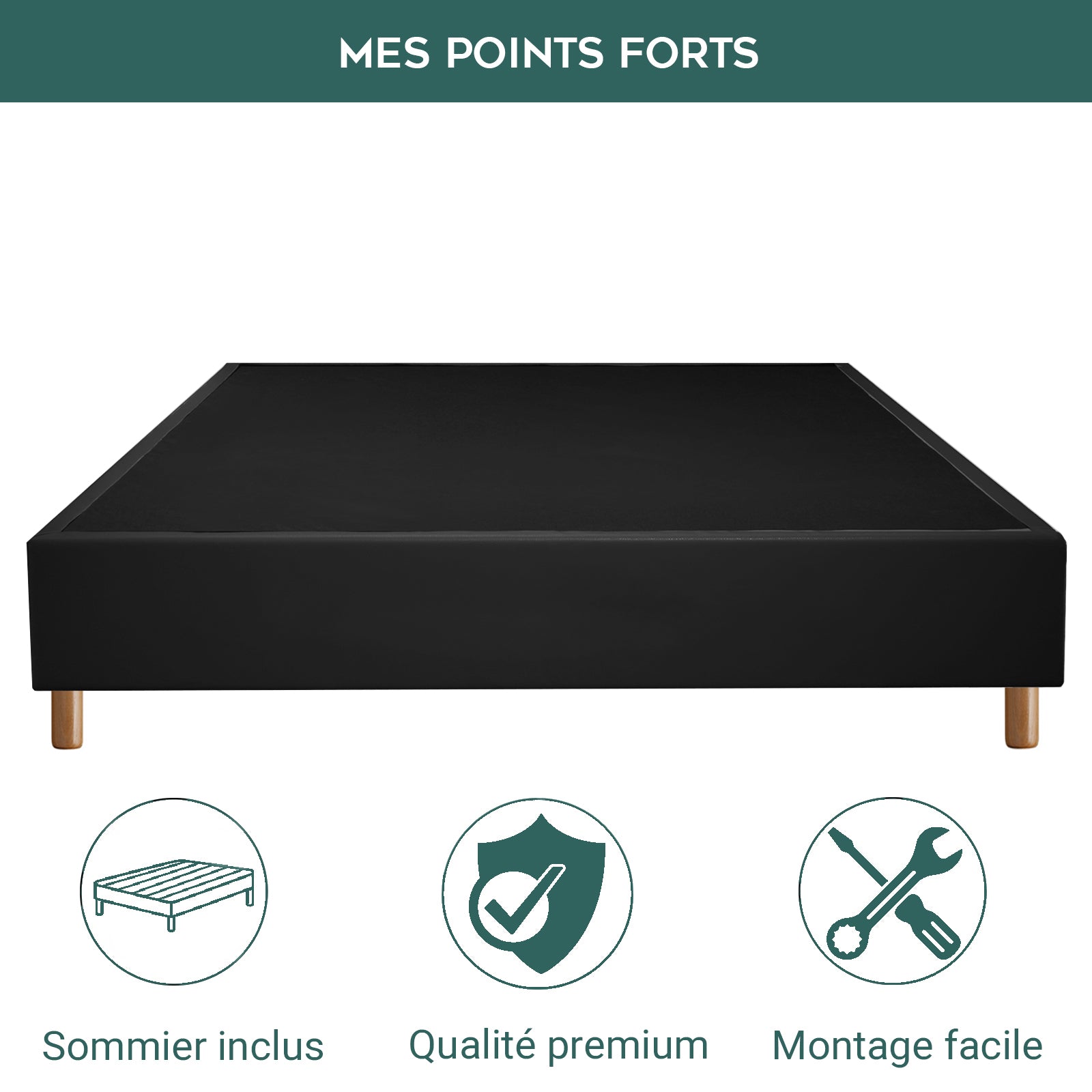 Sommier simili cuir, cadre de lit et pieds bois, maintien bassin - Collection Deco
