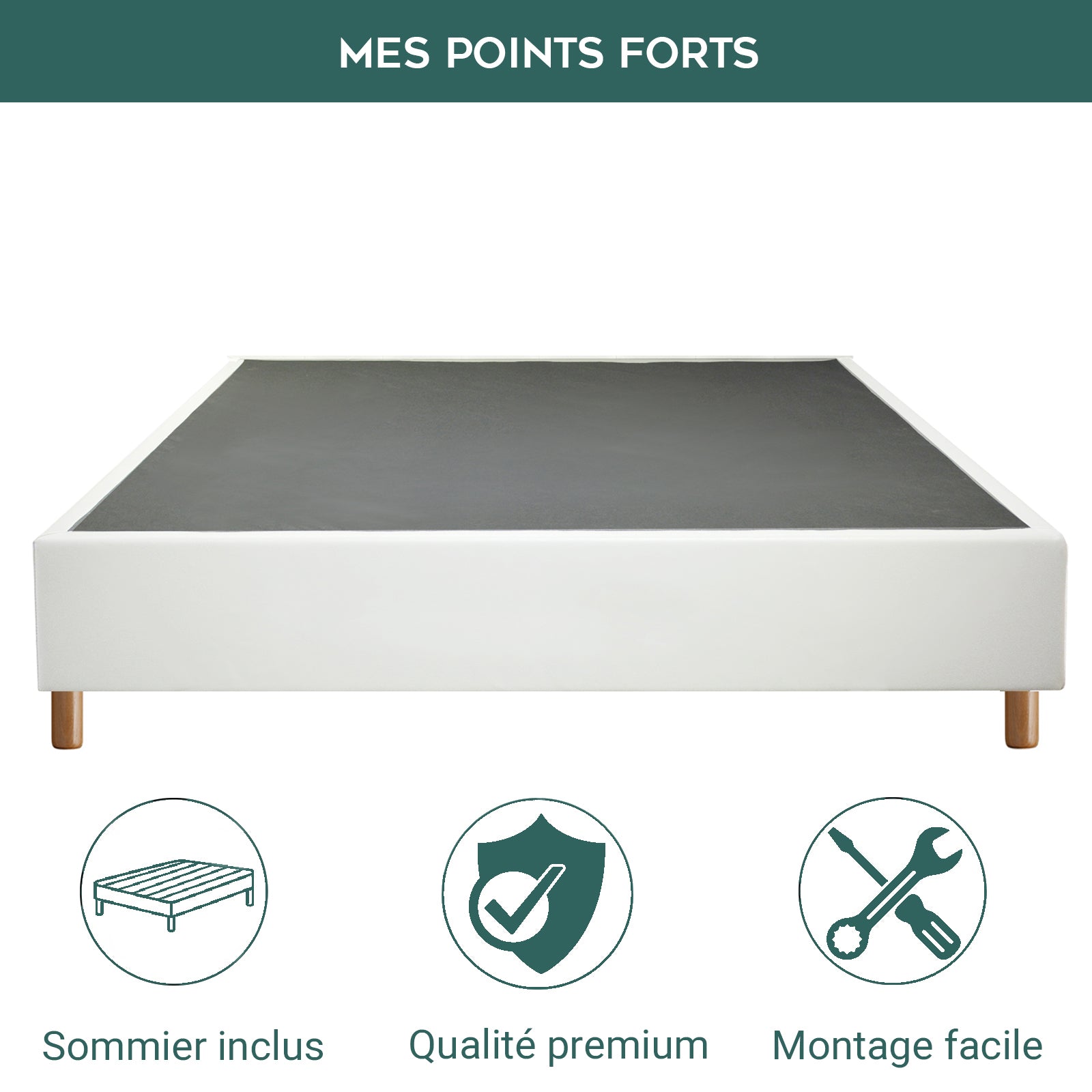 Sommier simili cuir, cadre de lit et pieds bois, maintien bassin - Collection Deco