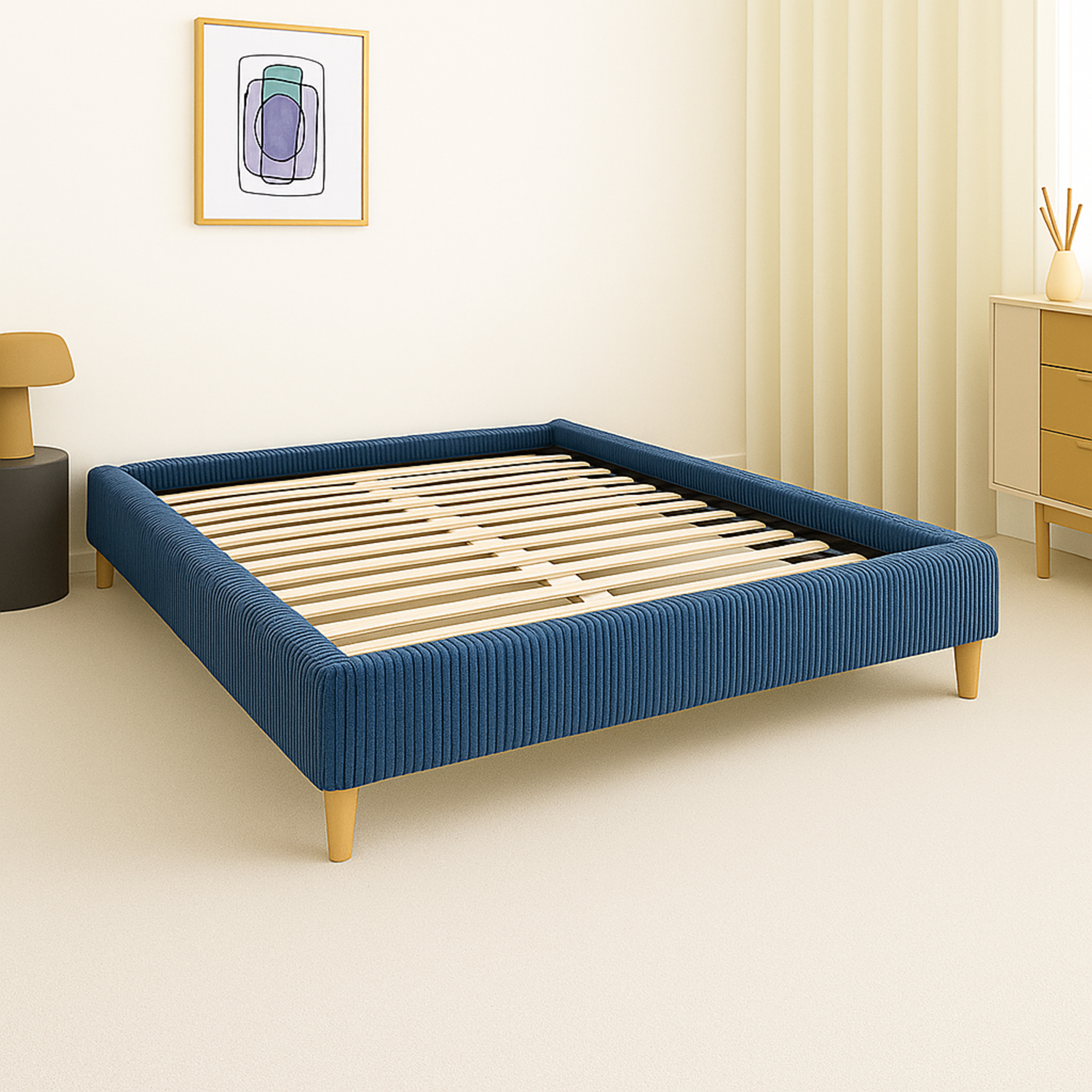 Sommier velours côtelé, cadre de lit, pieds bois, maintien bassin – Collection Deco