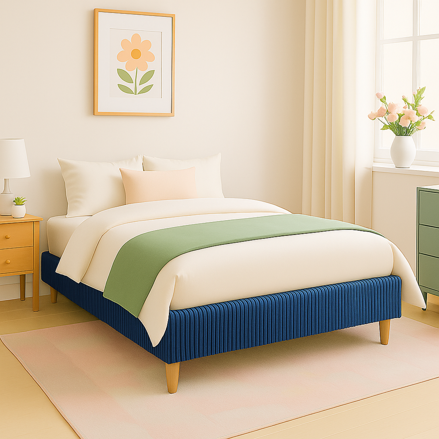 Sommier velours côtelé, cadre de lit, pieds bois, maintien bassin – Collection Deco