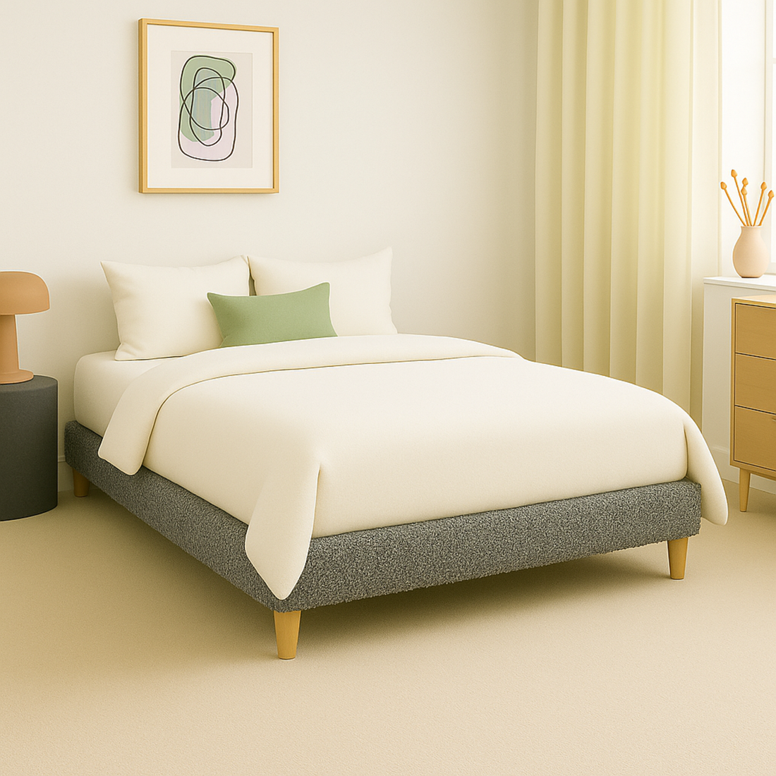 Sommier bouclette, cadre de lit, pieds bois, maintien bassin - Collection Deco