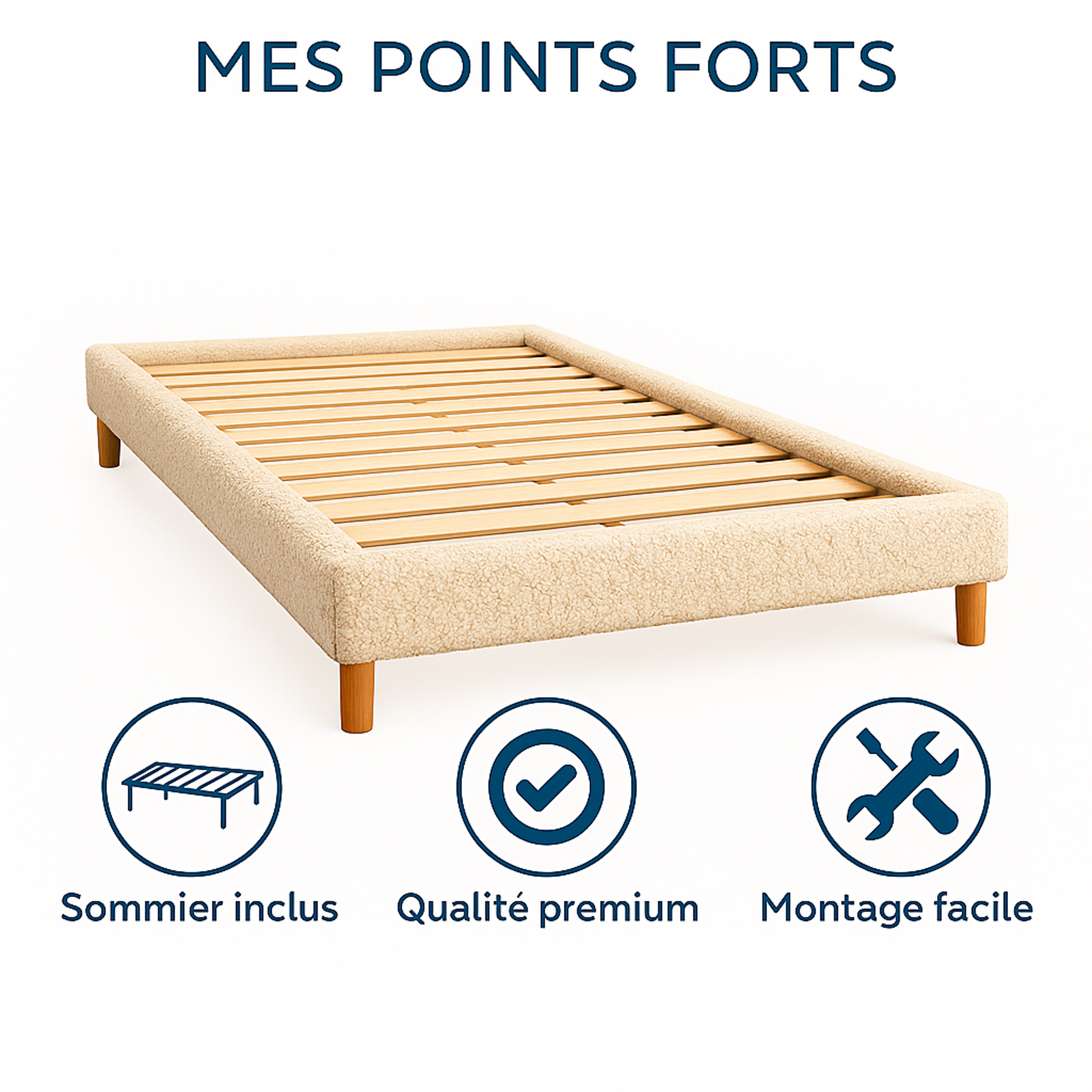 Sommier bouclette Deco : cadre et pieds en bois