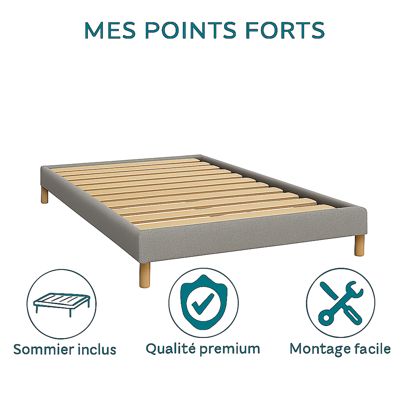 Sommier bouclette Deco : cadre et pieds en bois