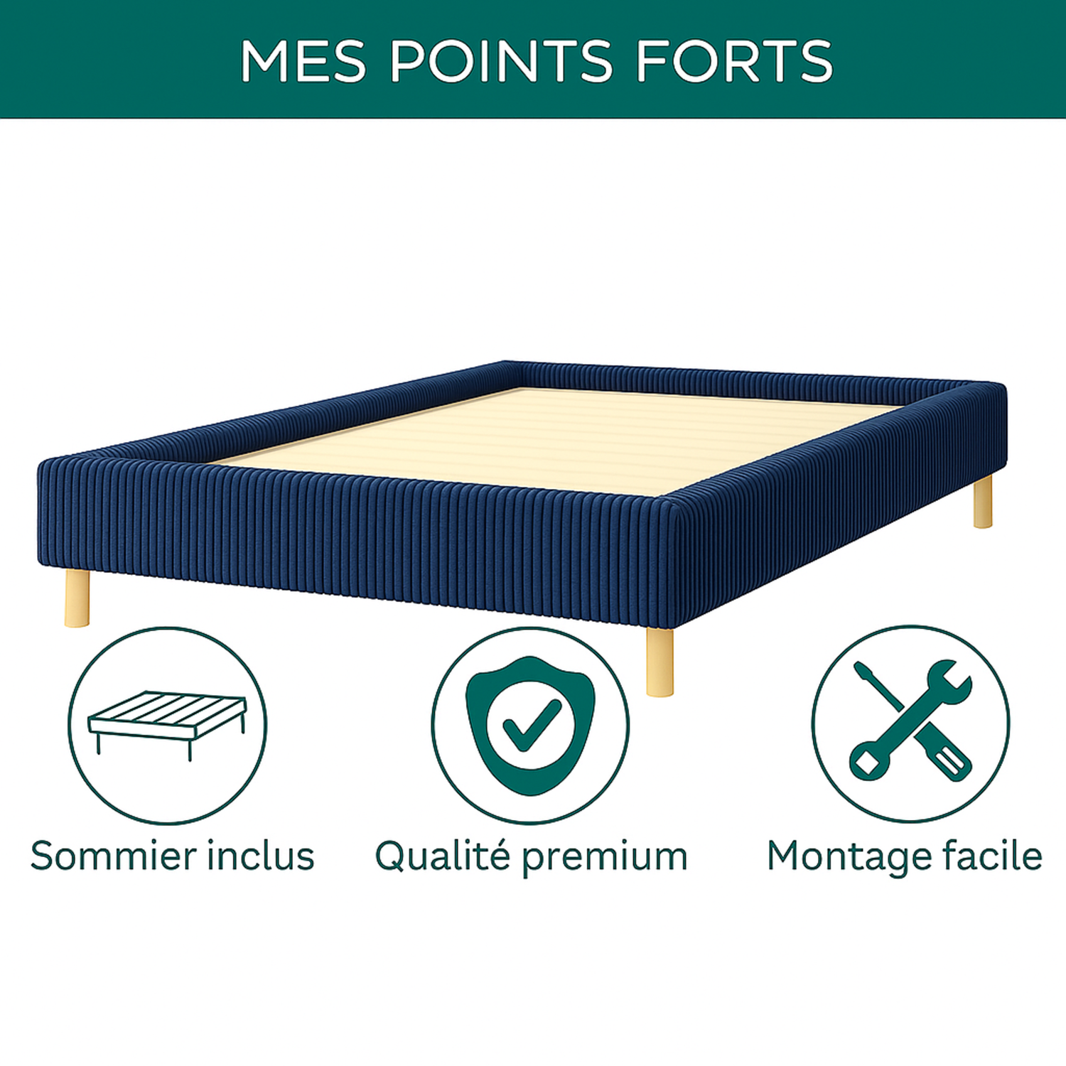 Sommier velours côtelé, cadre de lit, pieds bois, maintien bassin – Collection Deco