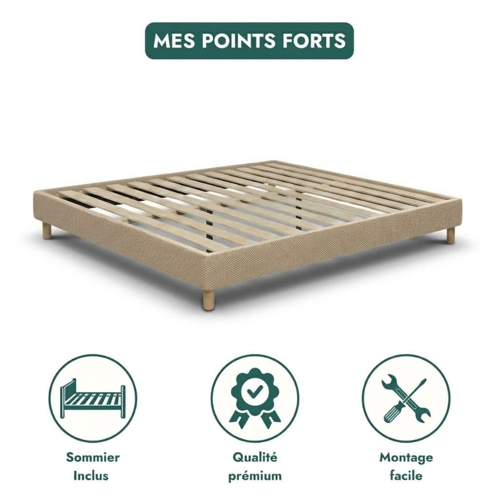 Sommier tissu Mesh 3D, cadre de lit, pieds bois, maintien bassin - Collection Deco
