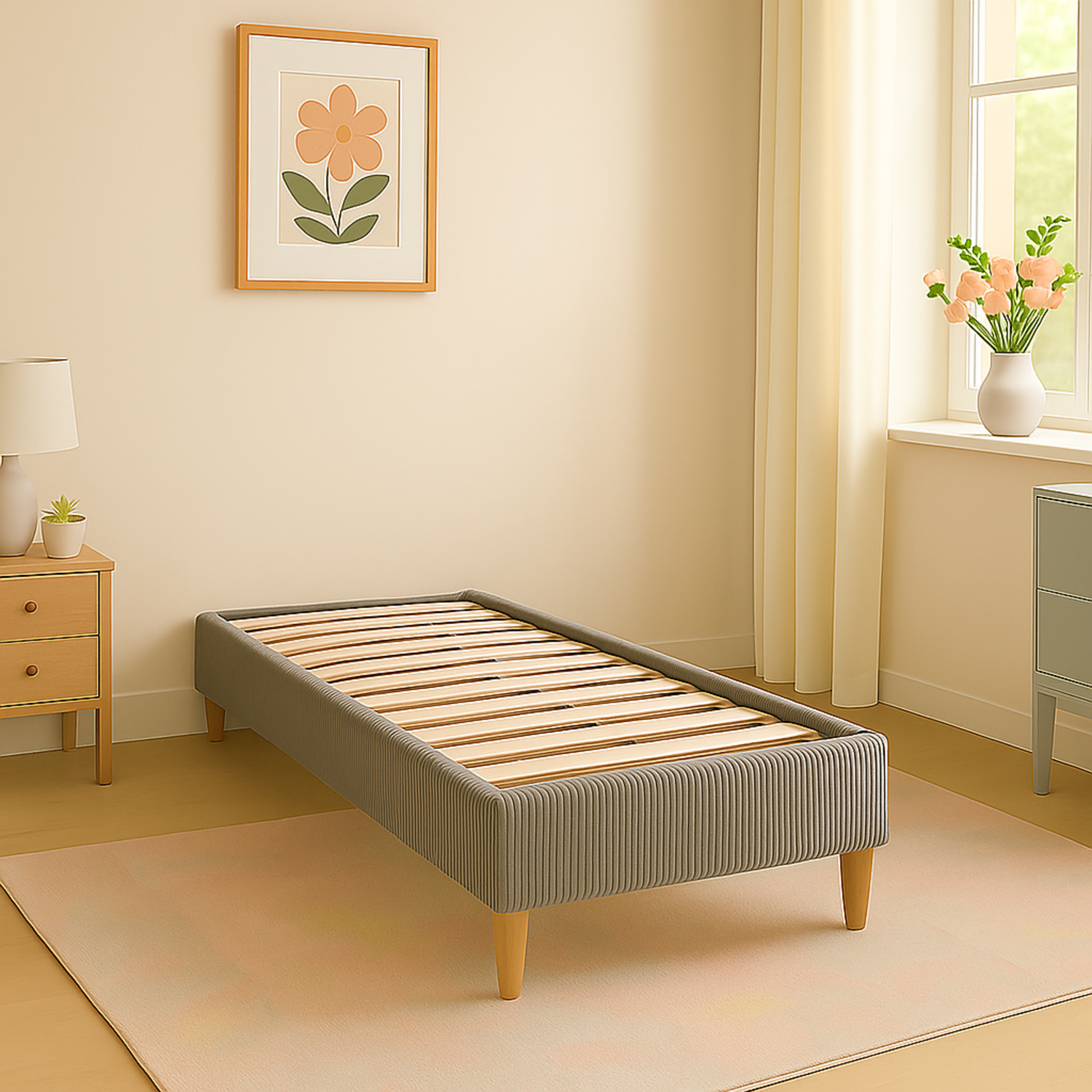 Sommier velours côtelé, cadre de lit, pieds bois, maintien bassin – Collection Deco