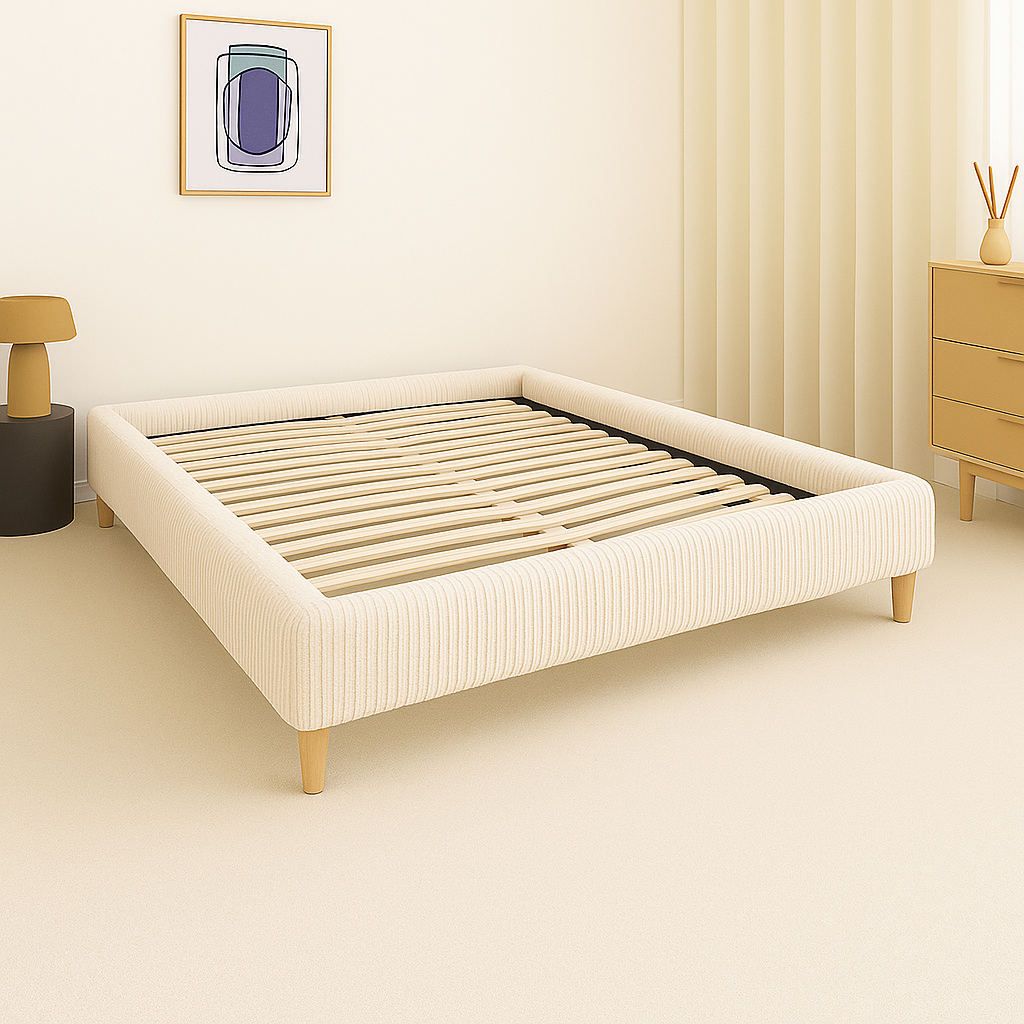 Sommier velours côtelé, cadre de lit, pieds bois, maintien bassin – Collection Deco