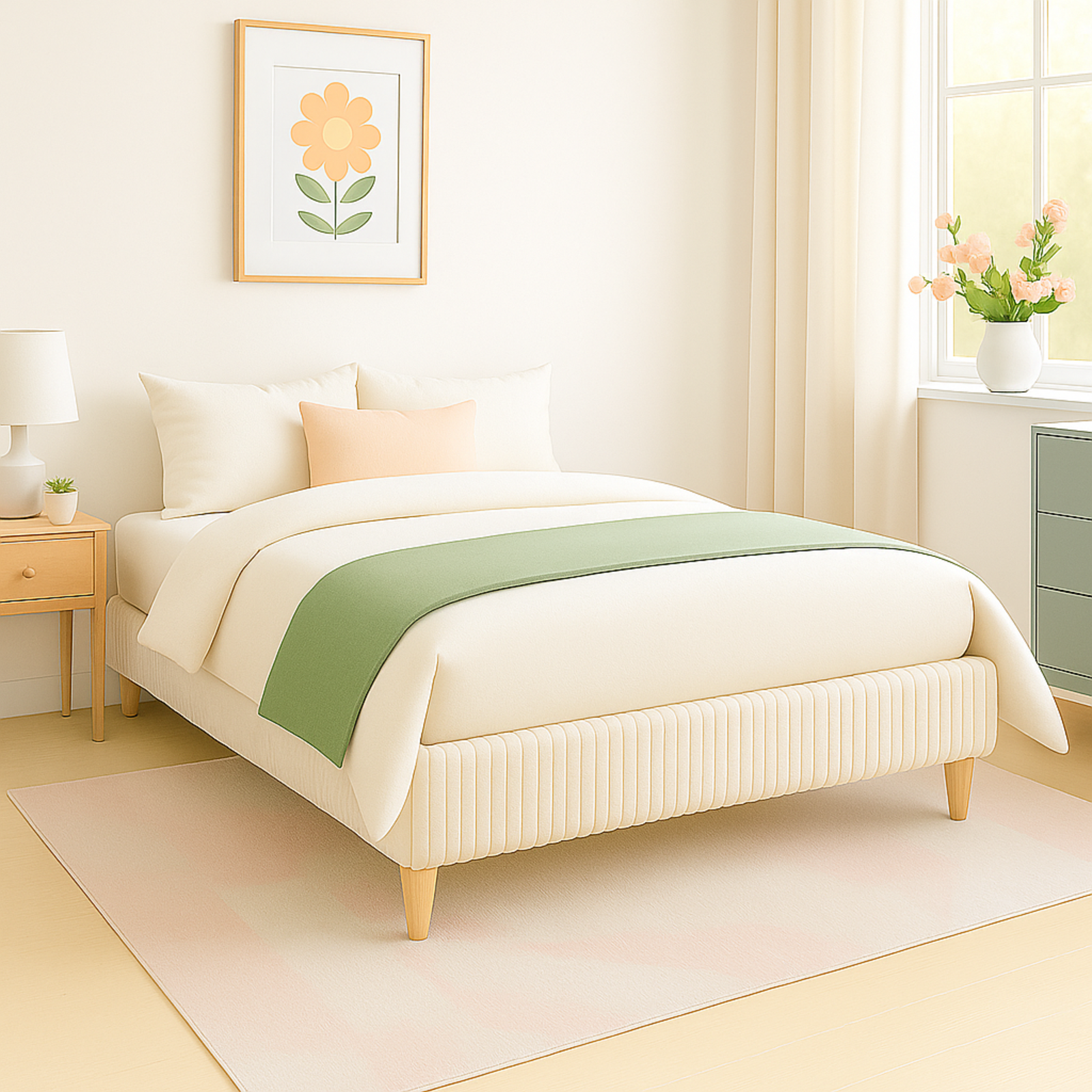 Sommier velours côtelé, cadre de lit, pieds bois, maintien bassin – Collection Deco