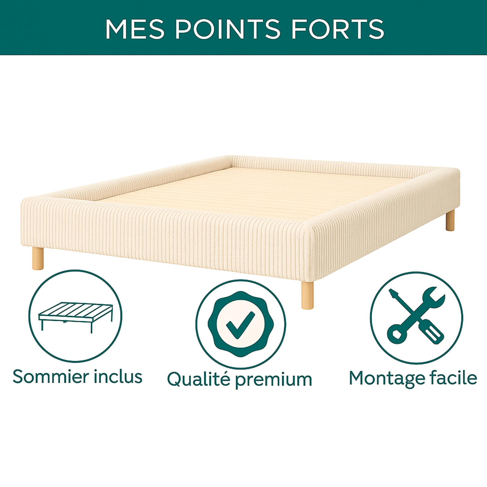 Sommier velours côtelé, cadre de lit, pieds bois, maintien bassin – Collection Deco