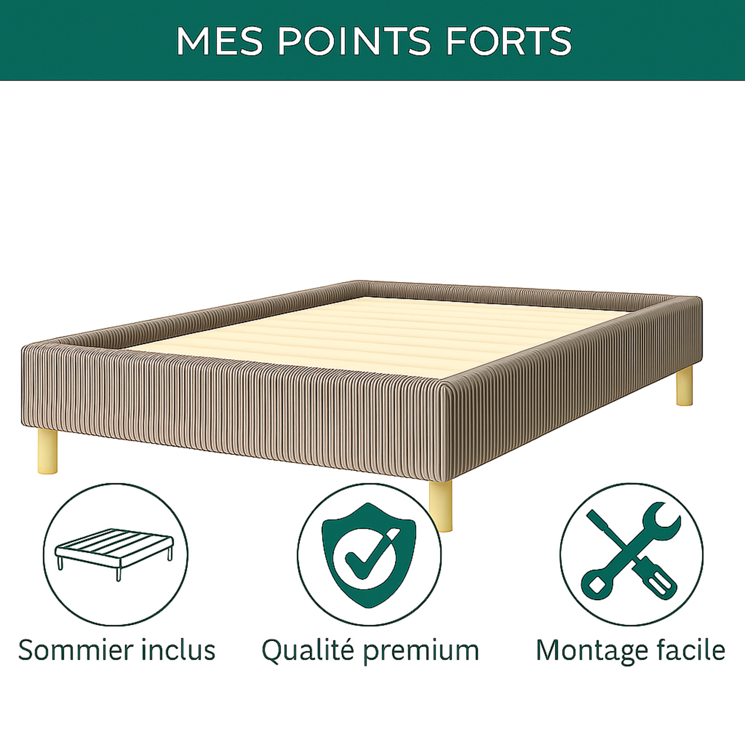 Sommier velours côtelé, cadre de lit, pieds bois, maintien bassin – Collection Deco