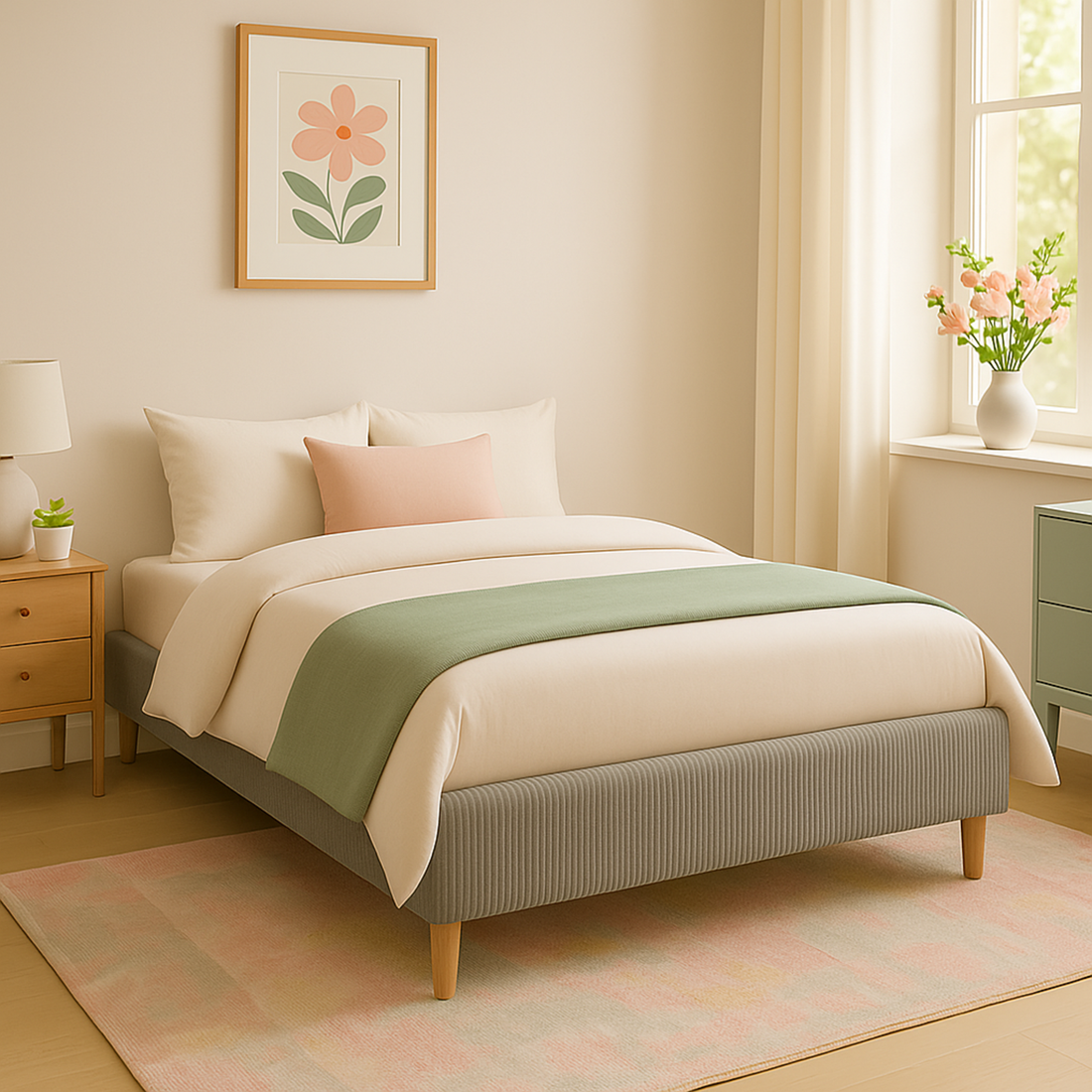 Sommier velours côtelé, cadre de lit, pieds bois, maintien bassin – Collection Deco