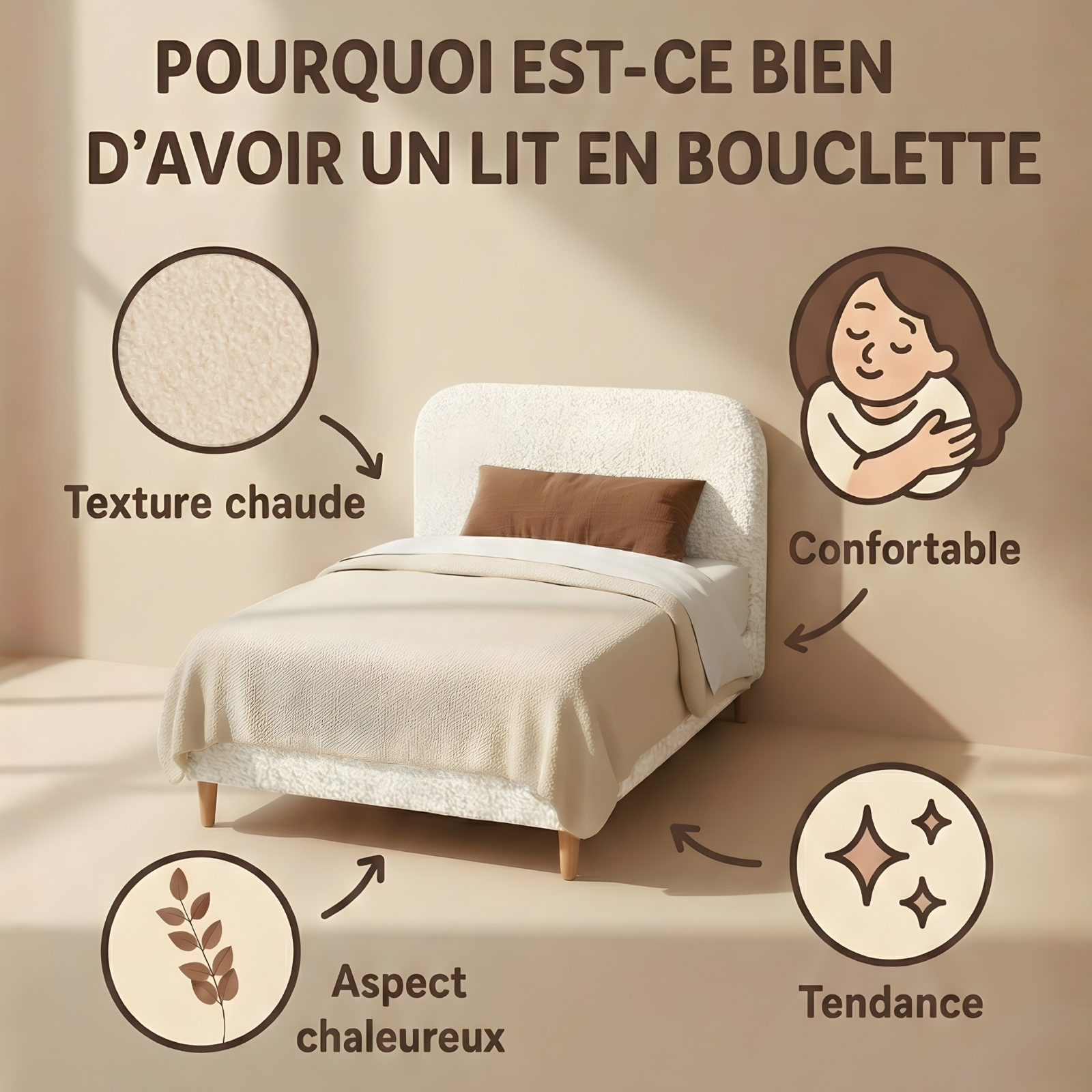 Lit bouclette, tête de lit, sommier à lattes bois - Collection Prince