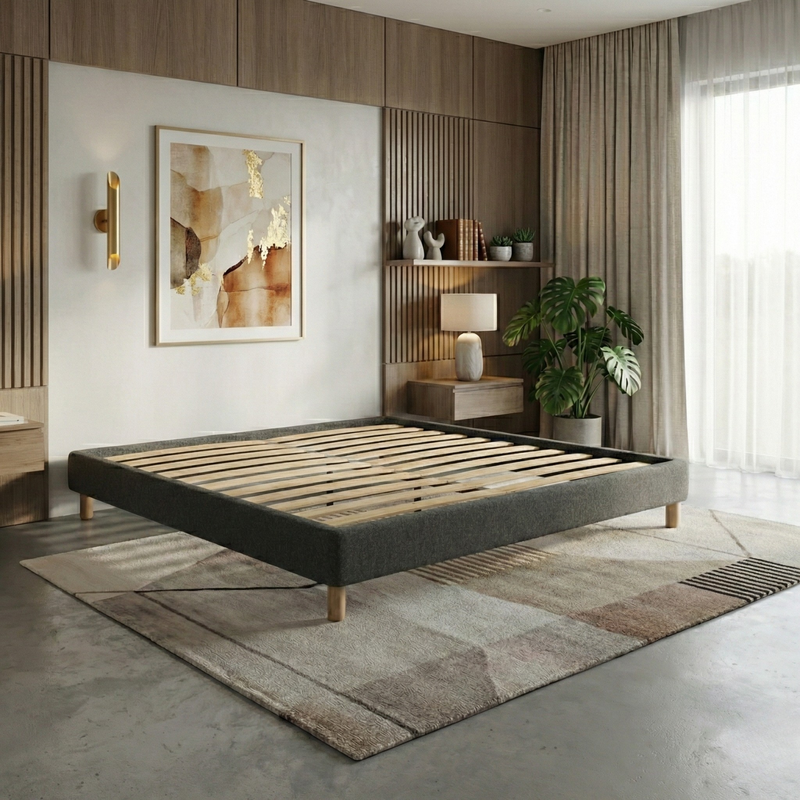 Bouclé bed base, bed frame, wooden legs, pelvic support - Deco Collection