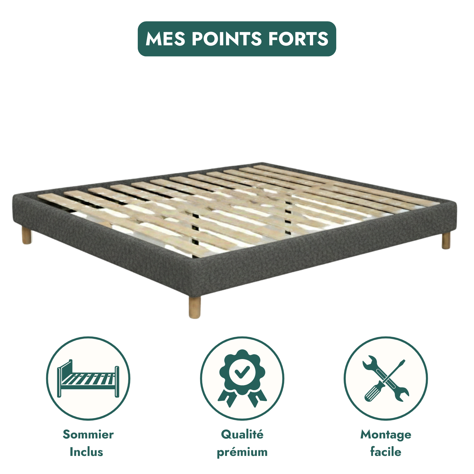Sommier bouclette, cadre de lit, pieds bois, maintien bassin - Collection Deco
