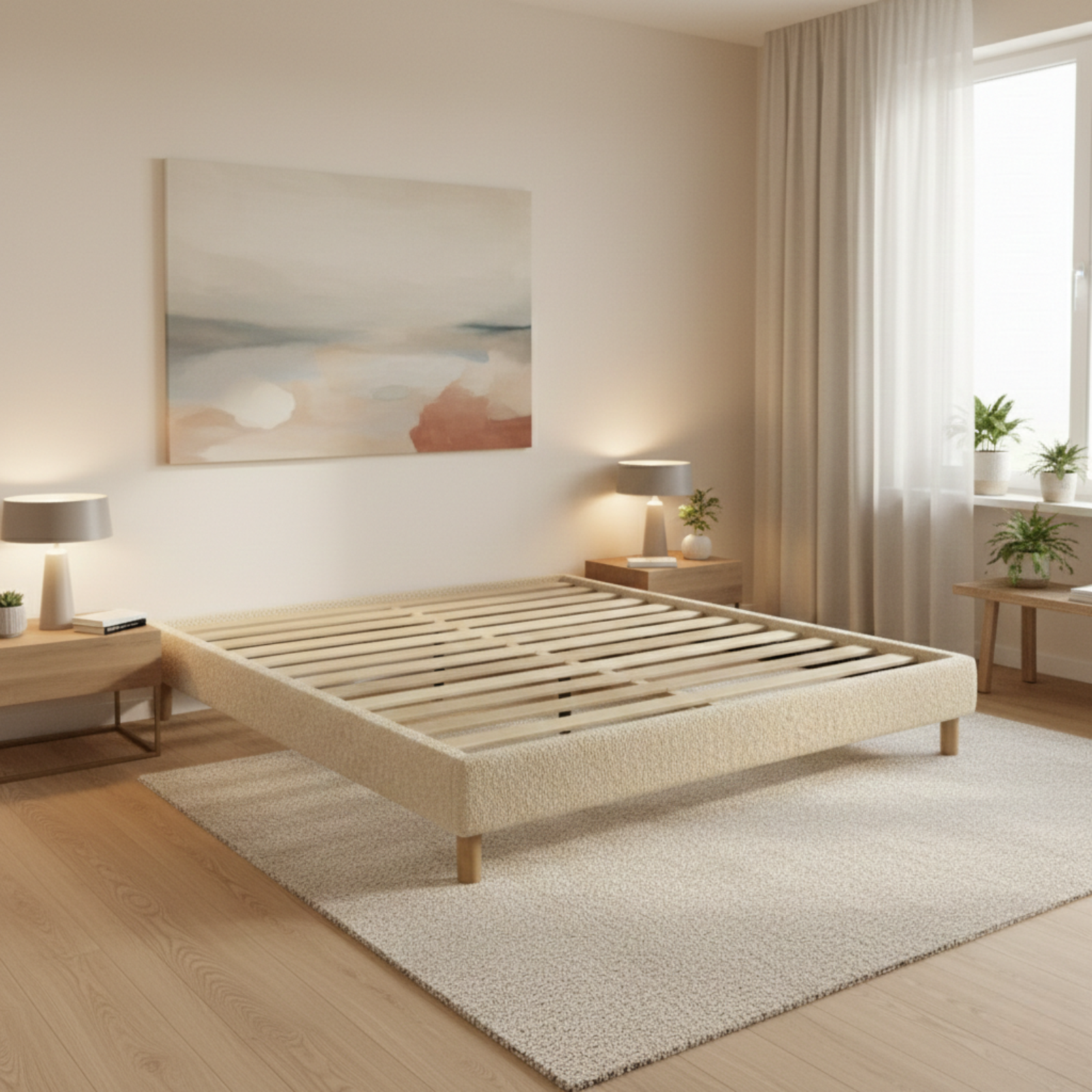 Bouclé bed base, bed frame, wooden legs, pelvic support - Deco Collection