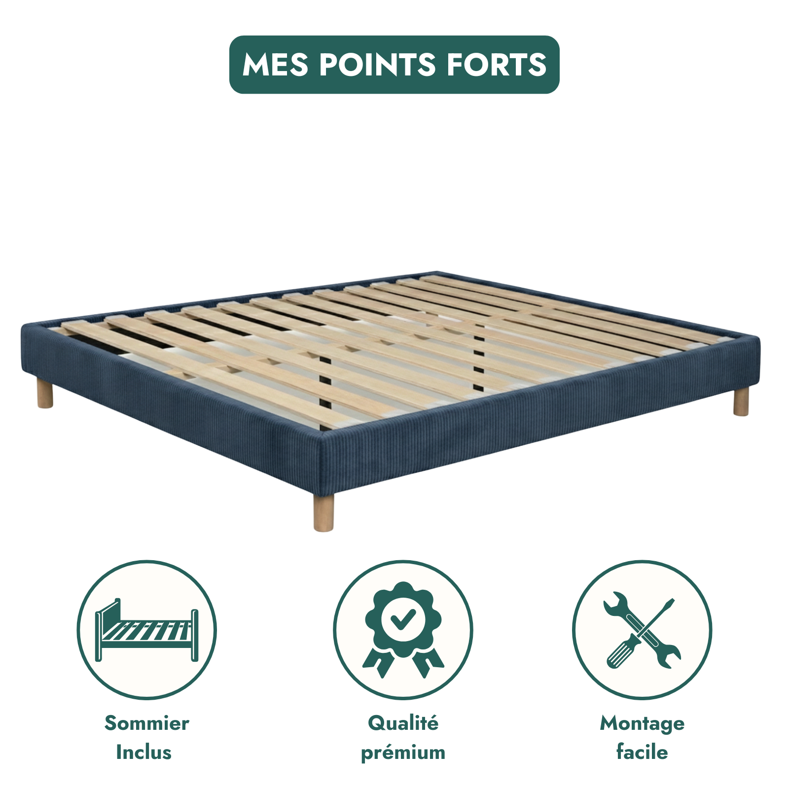 Sommier velours côtelé, cadre de lit, pieds bois, maintien bassin – Collection Deco