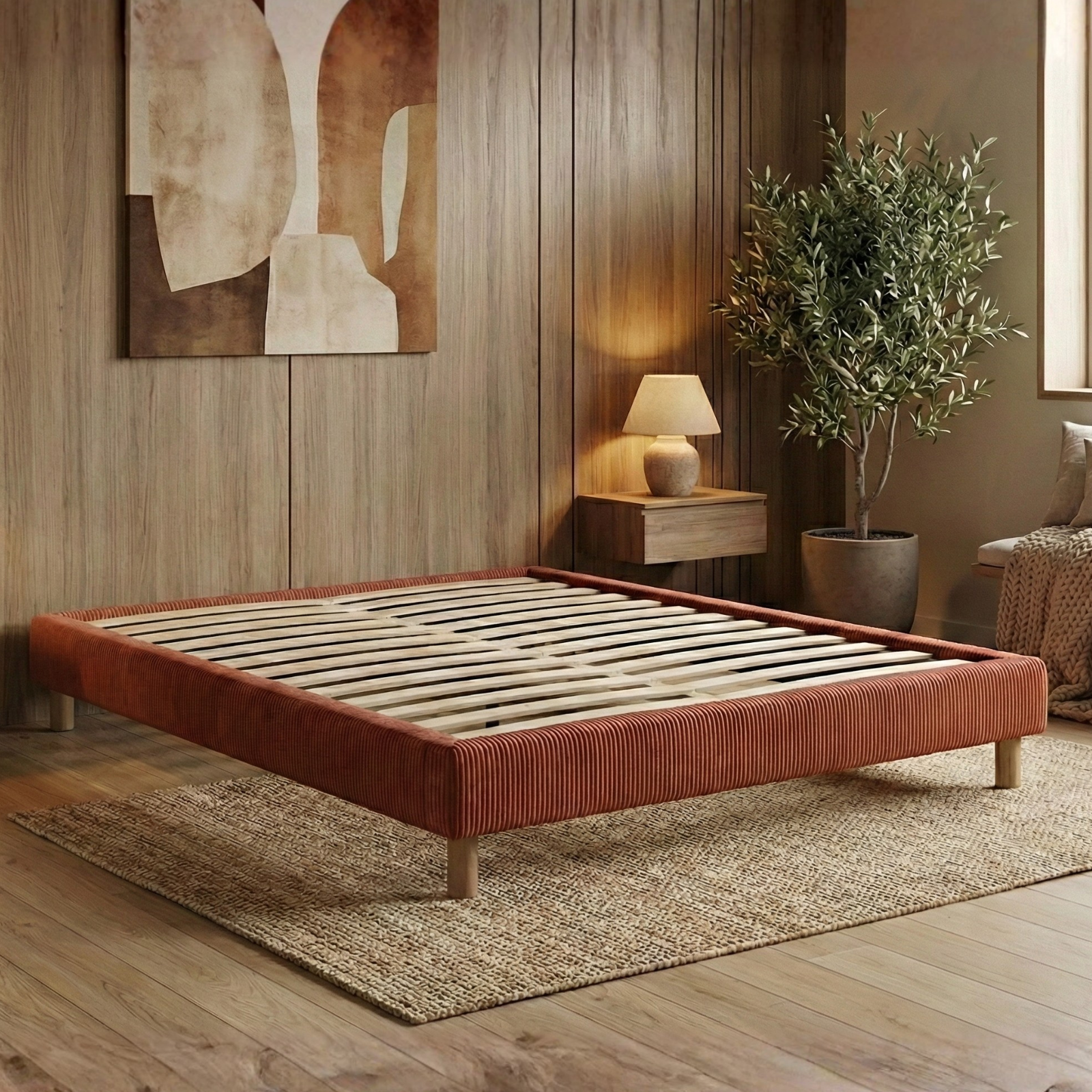 Corduroy bed base, bed frame, wooden legs, pelvic support – Deco Collection