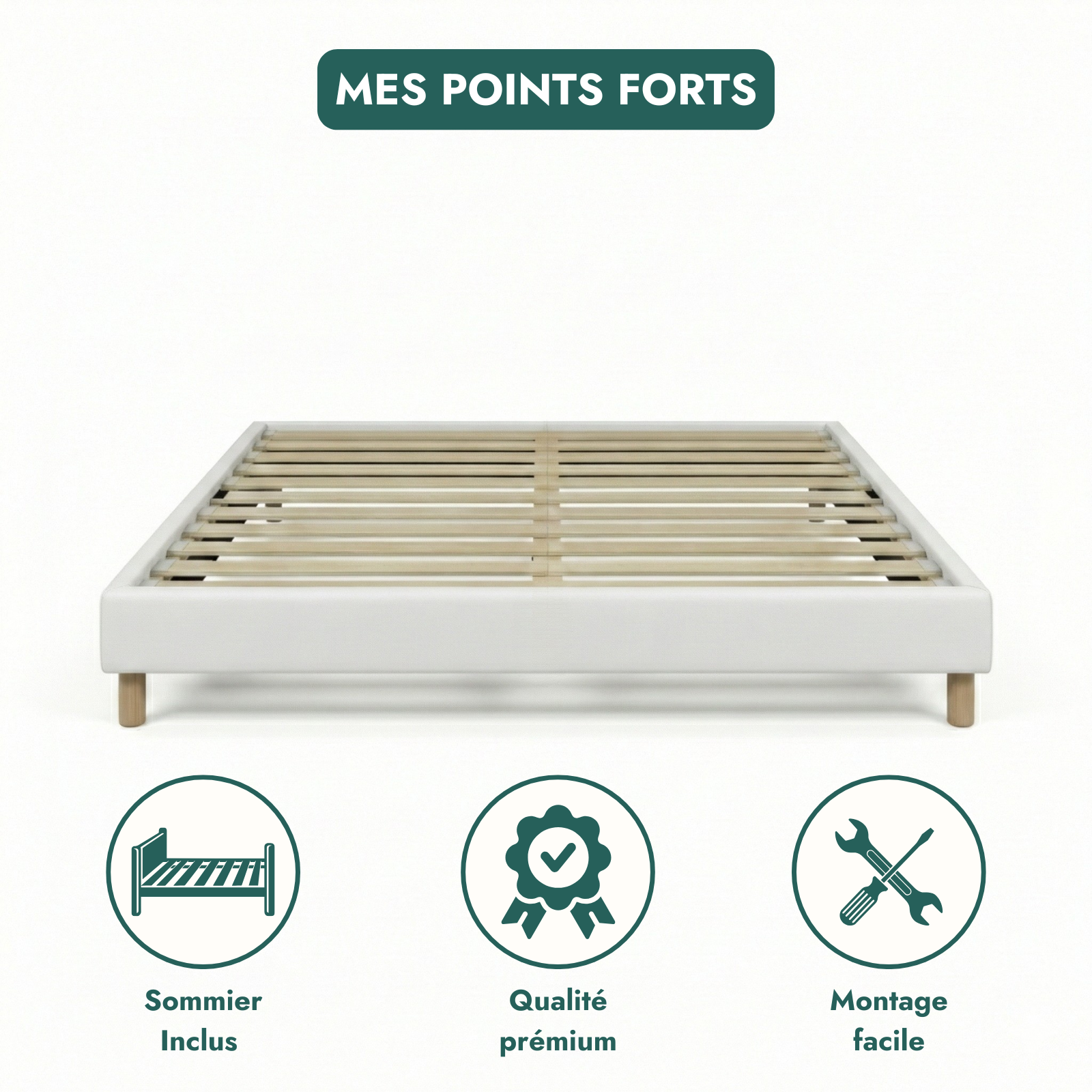 Faux leather bed base, wooden bed frame and legs, pelvic support - Deco Collection