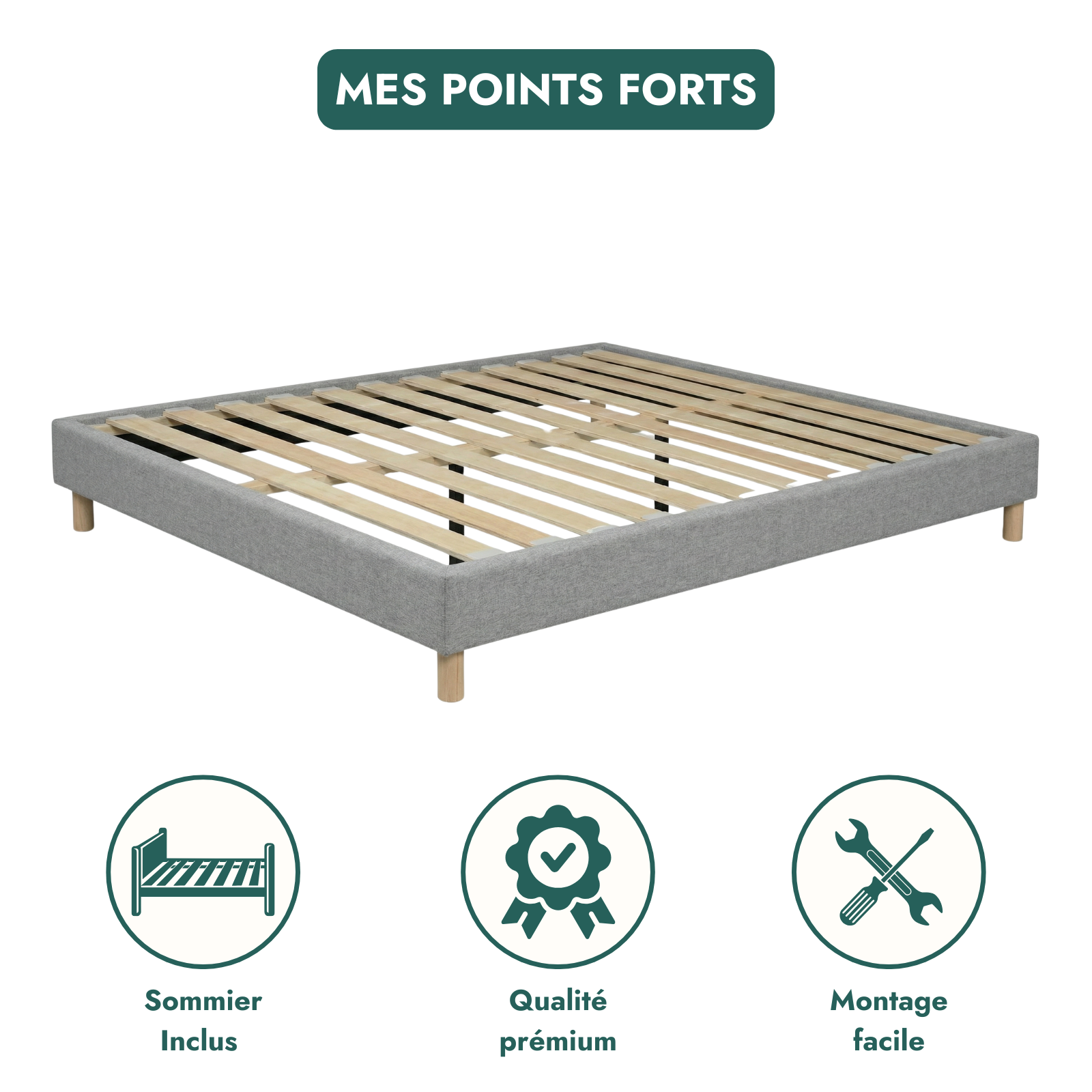 Fabric bed base, bed frame, wooden legs, pelvic support - Deco Collection