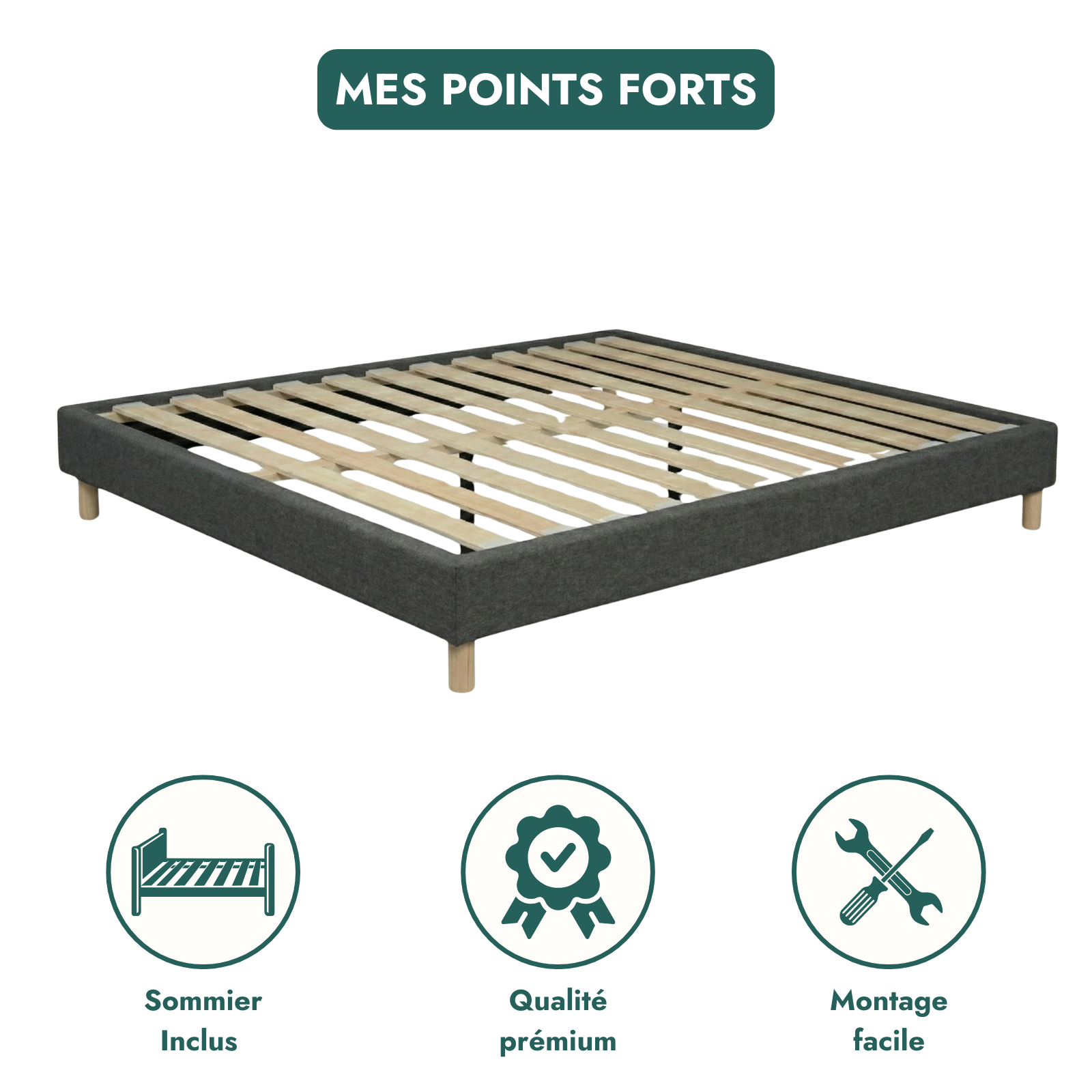 Fabric bed base, bed frame, wooden legs, pelvic support - Deco Collection