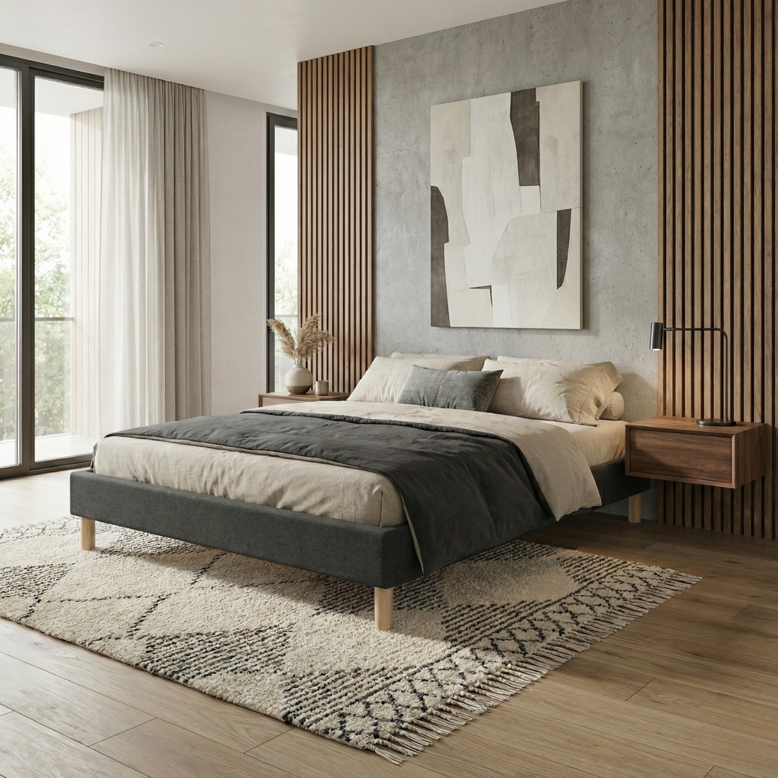 Fabric bed base, bed frame, wooden legs, pelvic support - Deco Collection