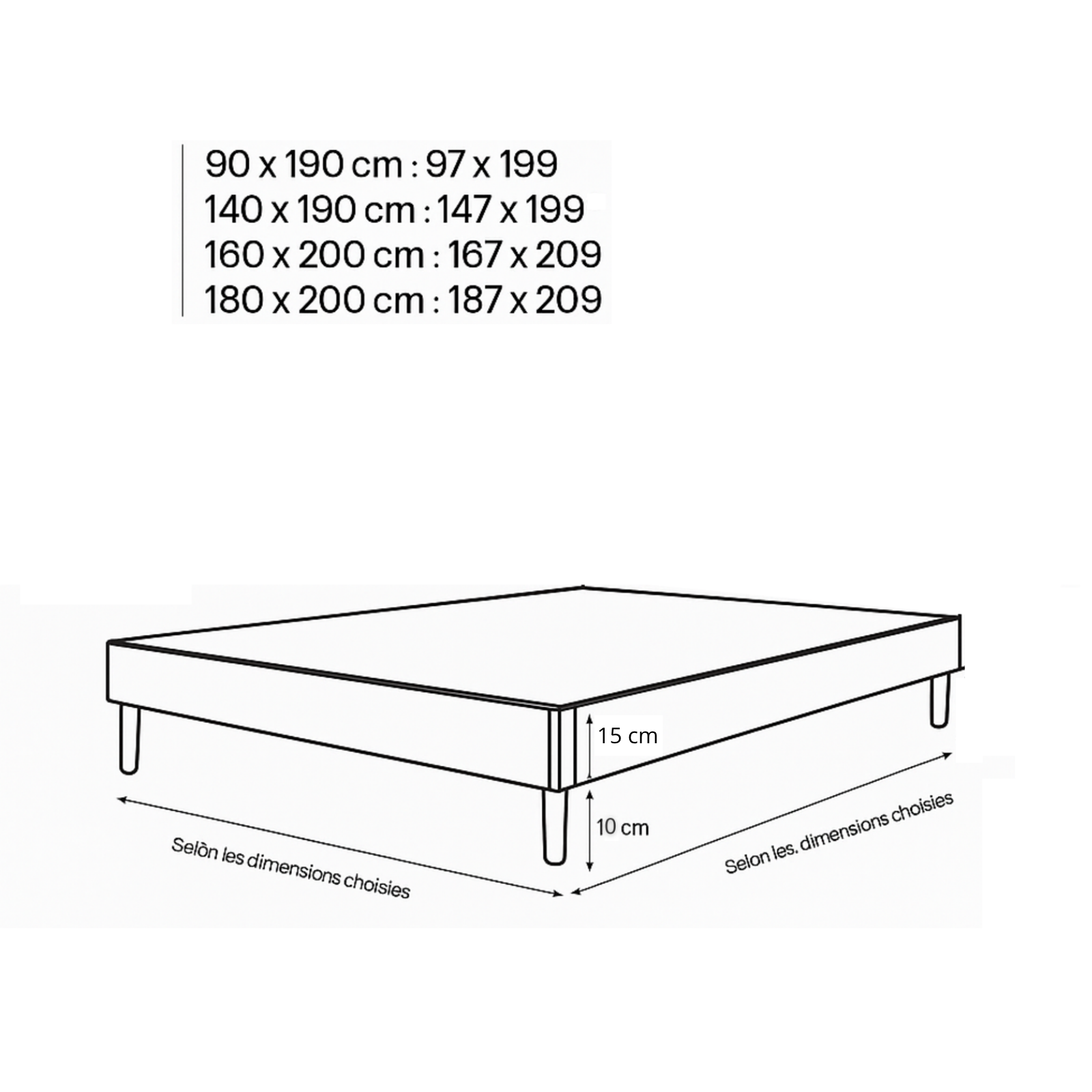 Sommier tissu, cadre de lit, pieds bois, maintien bassin - Collection Deco