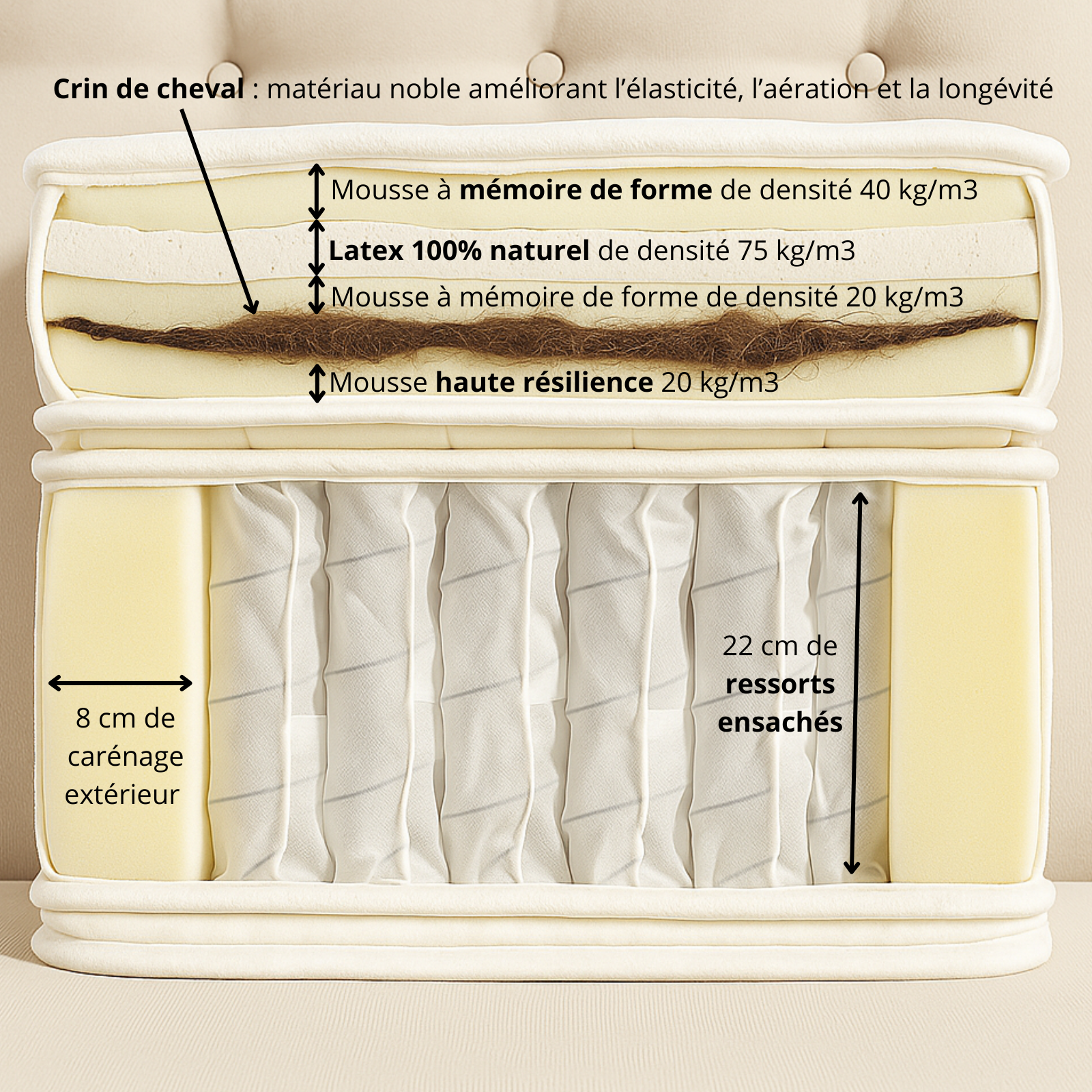 Matelas latex 35 cm, crin de cheval, mémoire de forme et ressorts ensachés - Collection Amethyste