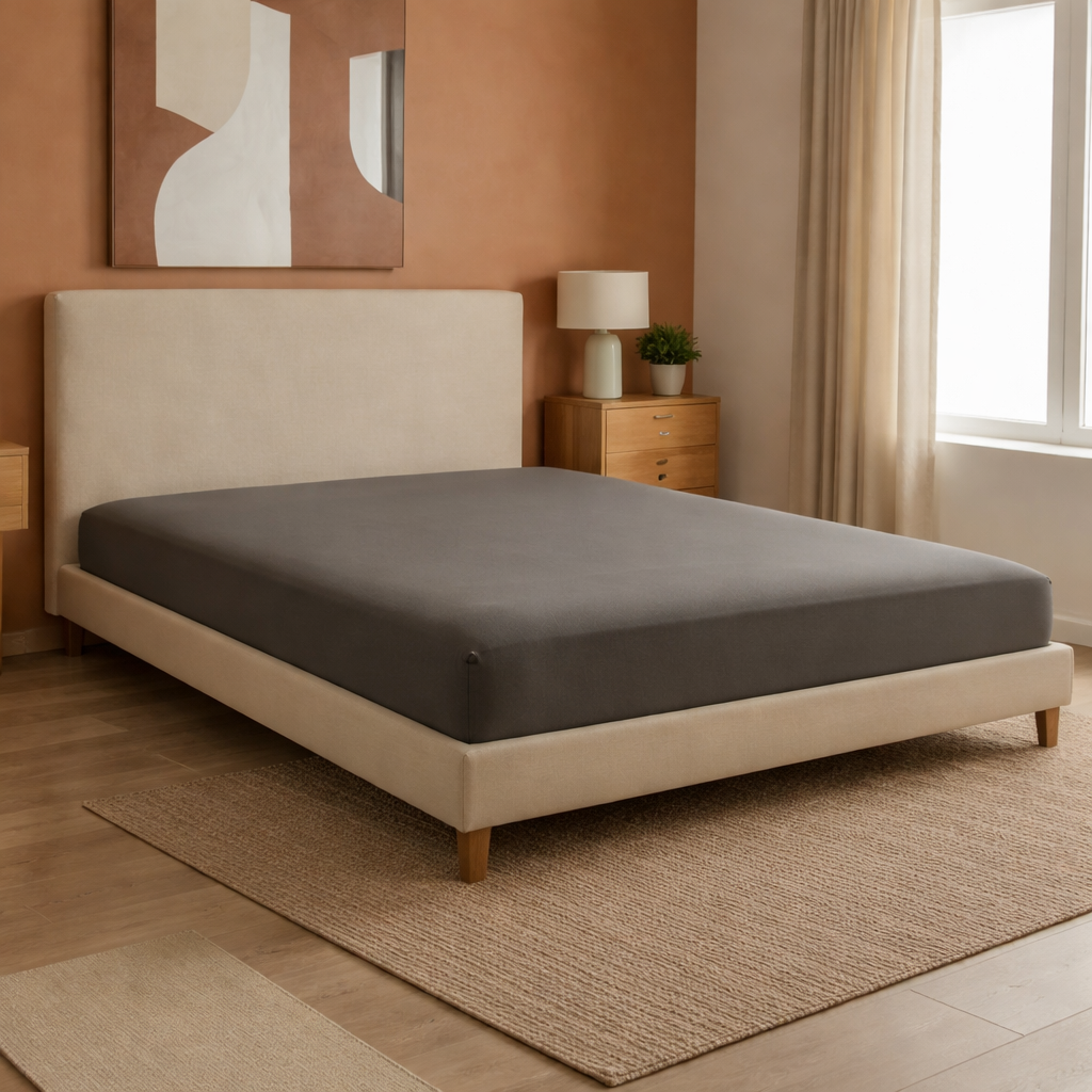 Fitted sheet, elasticated, breathable, dark grey - Solid Collection