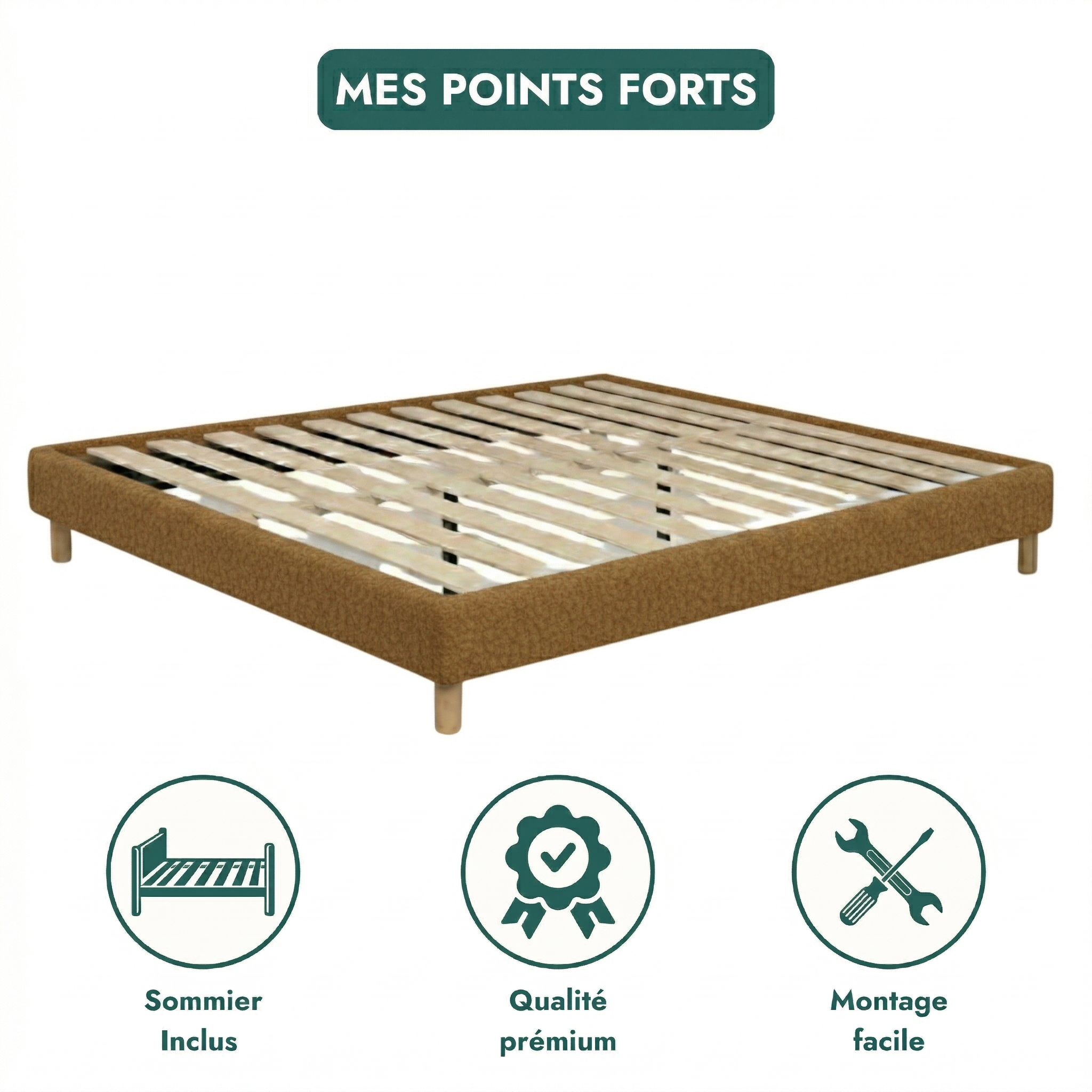 Sommier bouclette, cadre de lit, pieds bois, maintien bassin - Collection Deco