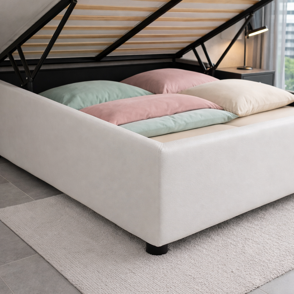 Housse structure lit coffre simili cuir blanc