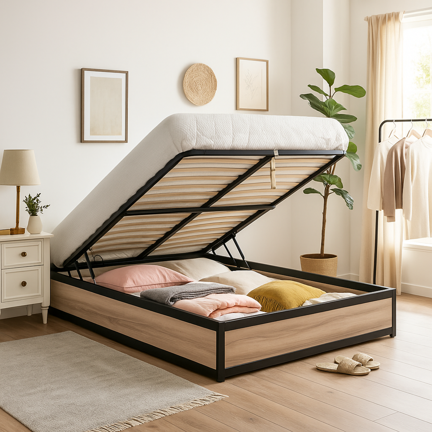 Lit coffre style industriel, sommier à lattes bois, grand coffre - Collection Boston