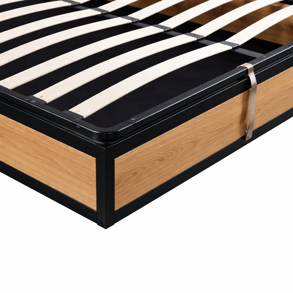 Industrial-style storage bed, wooden slatted base, large storage compartment - Boston Collection