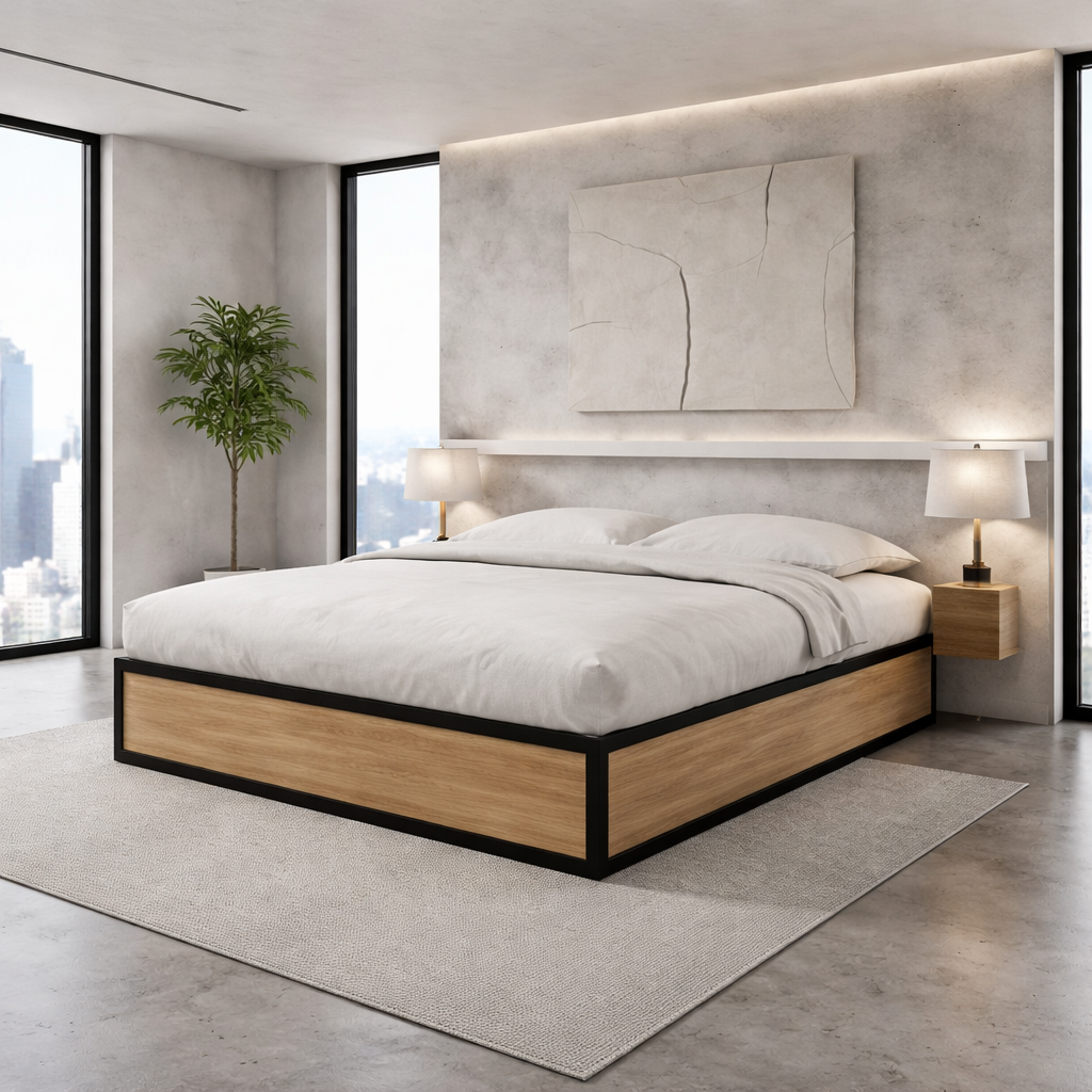 Industrial-style storage bed, wooden slatted base, large storage compartment - Boston Collection