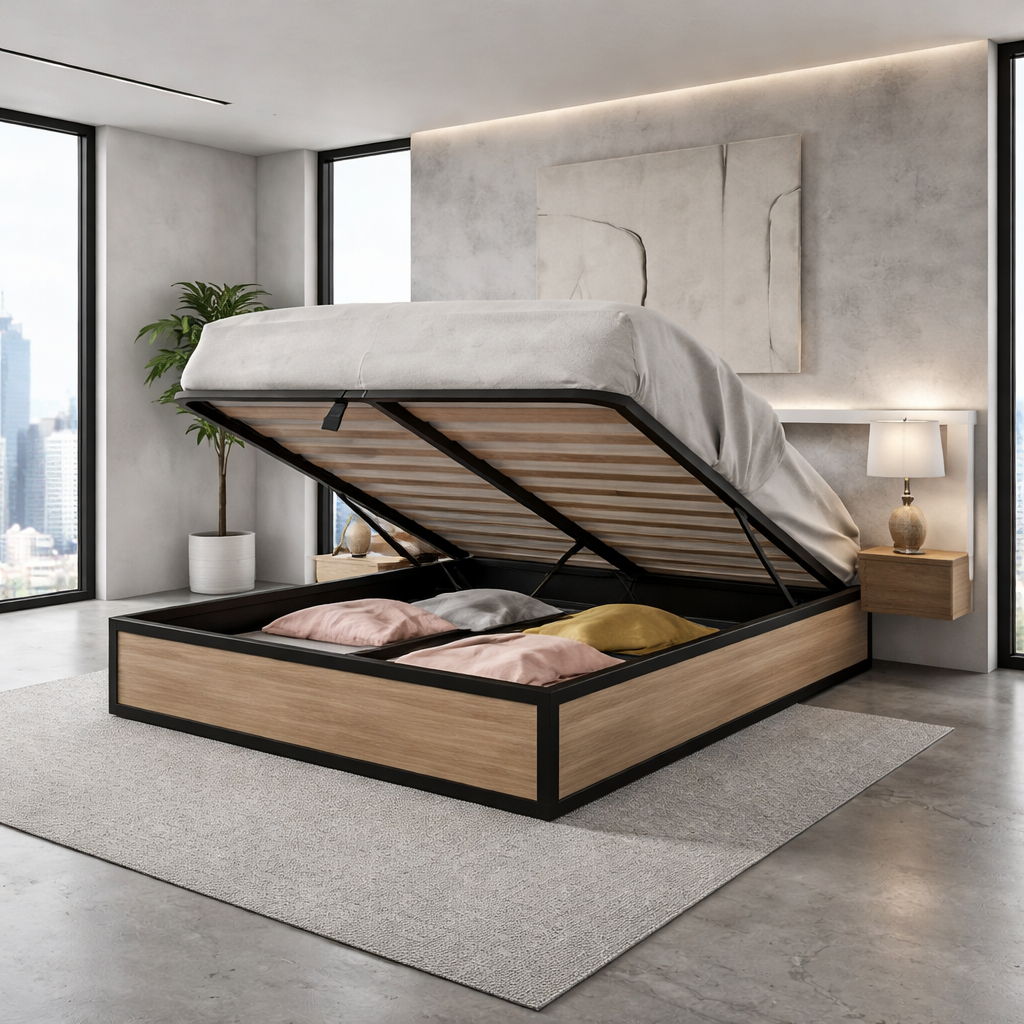 Industrial-style storage bed, wooden slatted base, large storage compartment - Boston Collection
