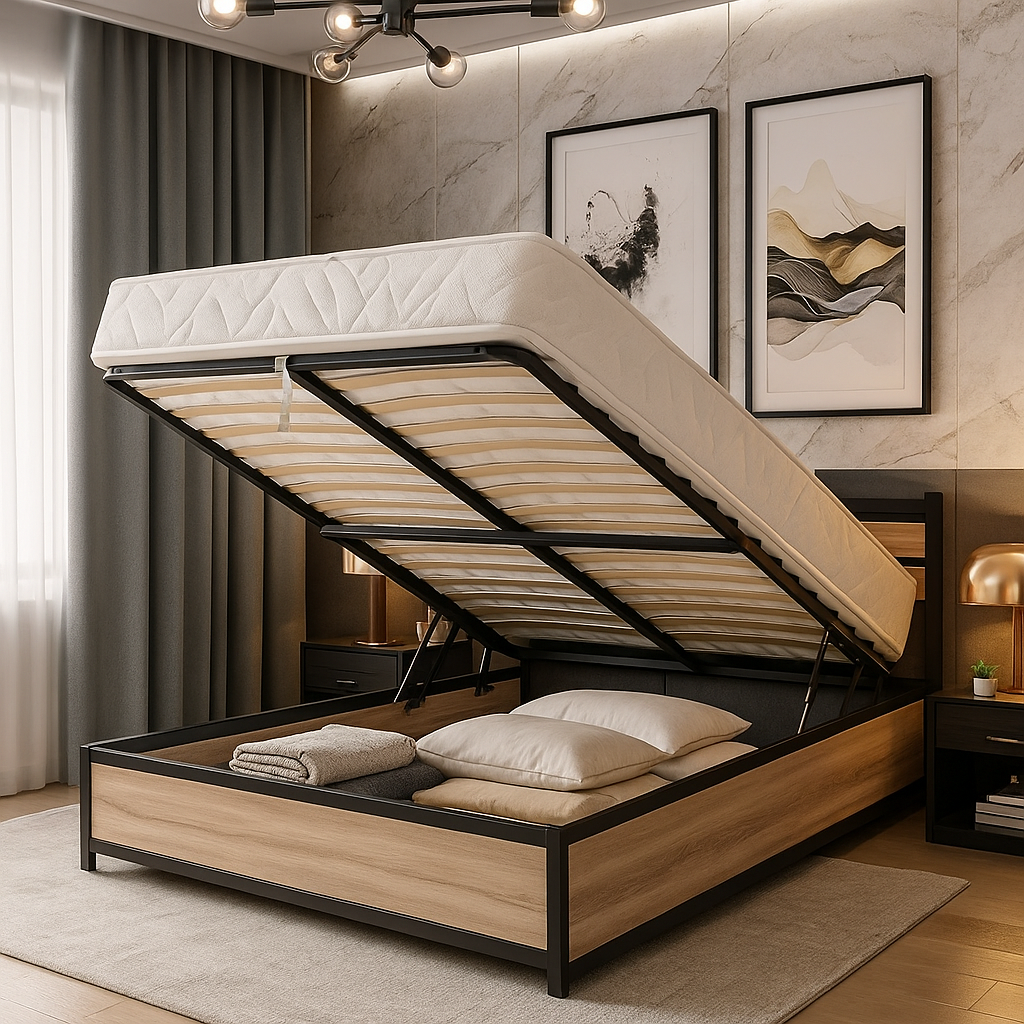 Industrial-style storage bed with headboard and large storage compartment - Chicago Collection