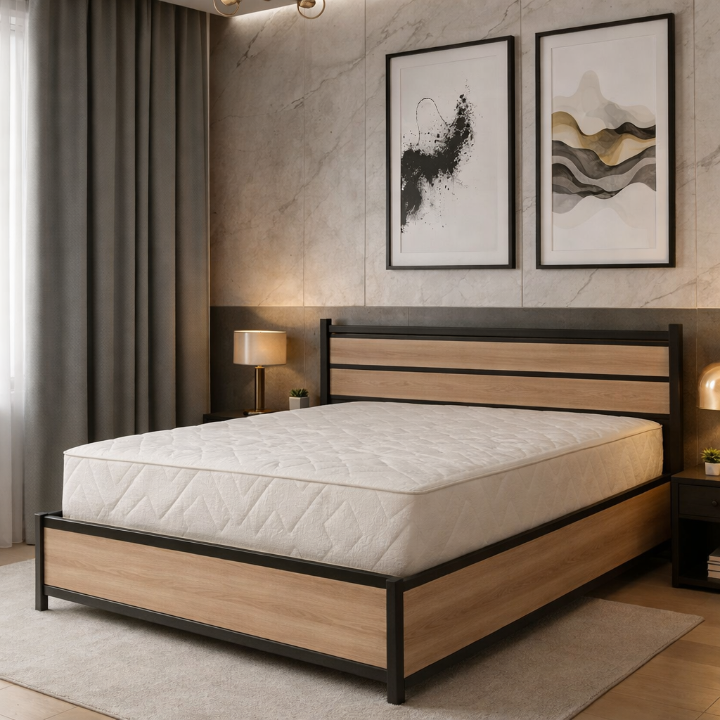 Industrial-style storage bed with headboard and large storage compartment - Chicago Collection