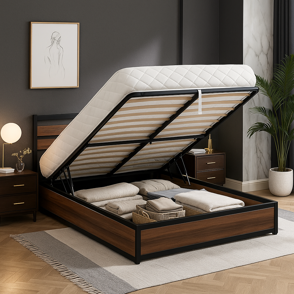 Chicago Bett mit Stauraum: Industrielles Bett mit Lattenrost