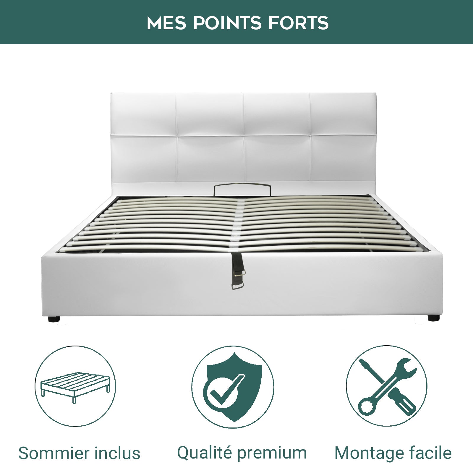 Lit coffre VariLuxe innovant - Tête de lit interchangeable : Simili cuir et grand coffre