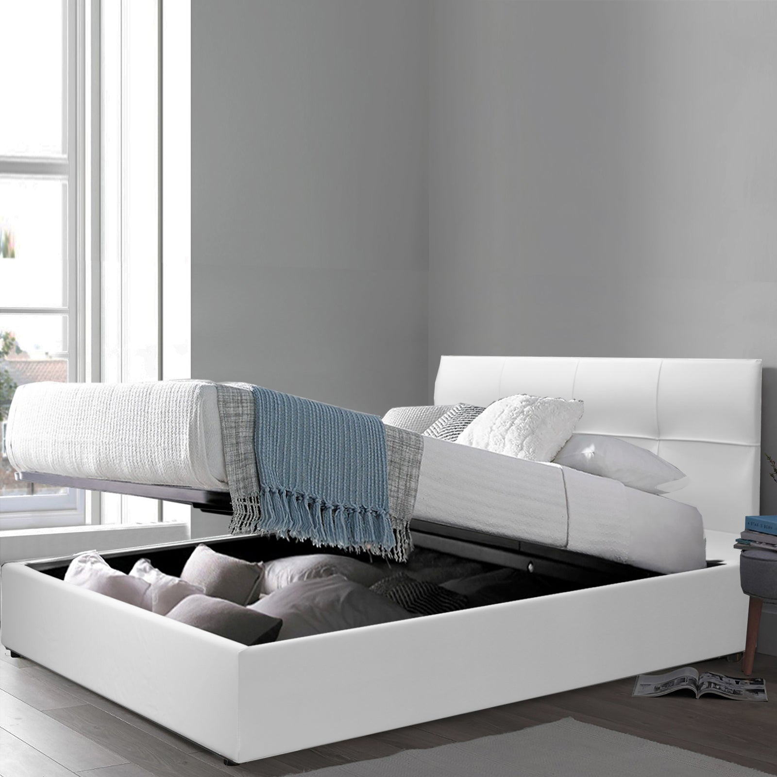 Lit coffre VariLuxe innovant - Tête de lit interchangeable : Simili cuir et grand coffre