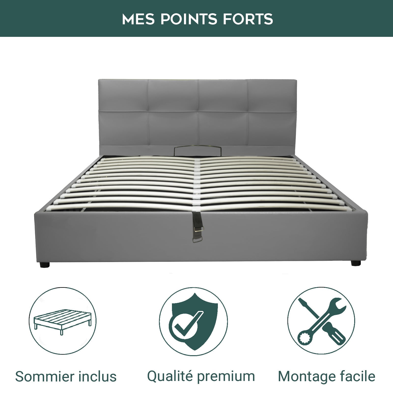 Lit coffre VariLuxe innovant - Tête de lit interchangeable : Simili cuir et grand coffre